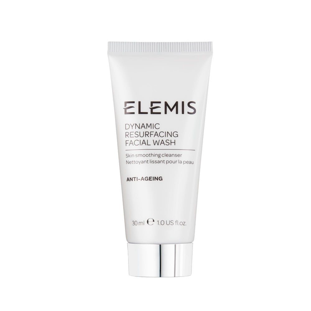 ELEMIS travel facial wash front view showing compact 30ml tube and branding benefit
