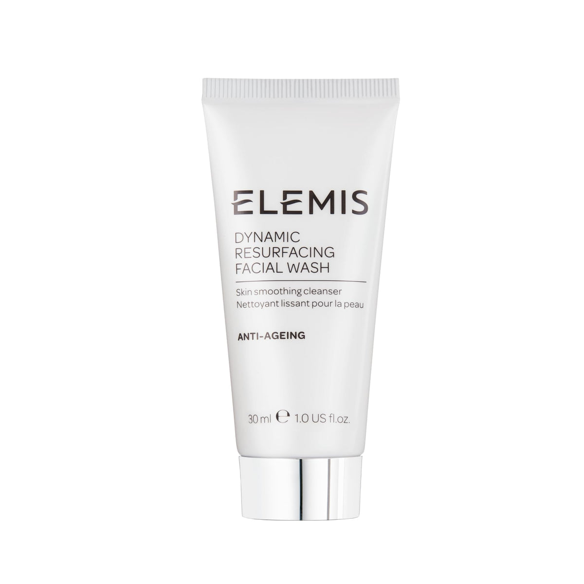 ELEMIS travel facial wash front view showing compact 30ml tube and branding benefit