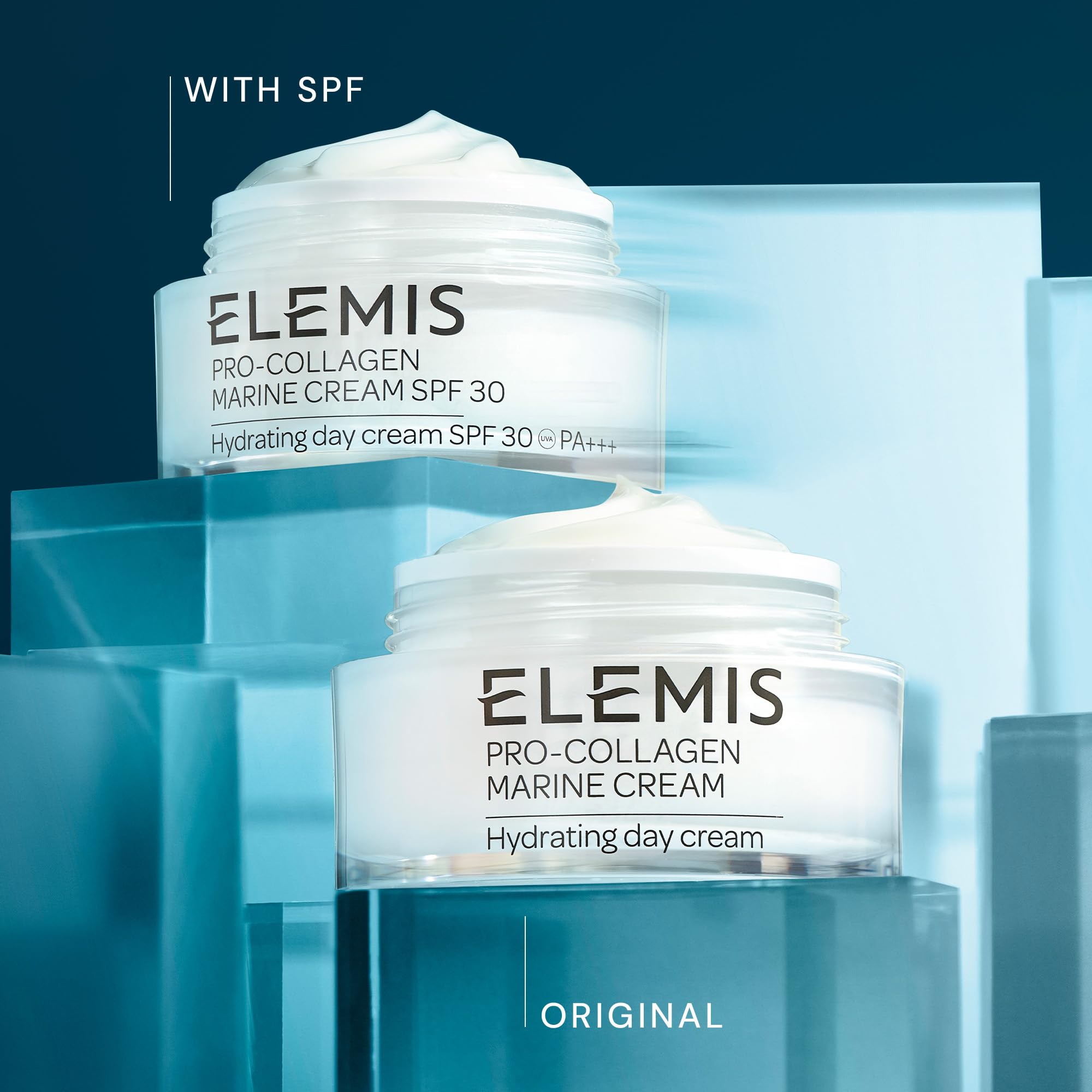 ELEMIS jar on bathroom shelf lifestyle shot showing daily routine integration and polished finish