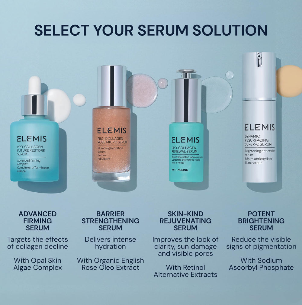 ELEMIS serum on a vanity styled in a bright bathroom lifestyle scene