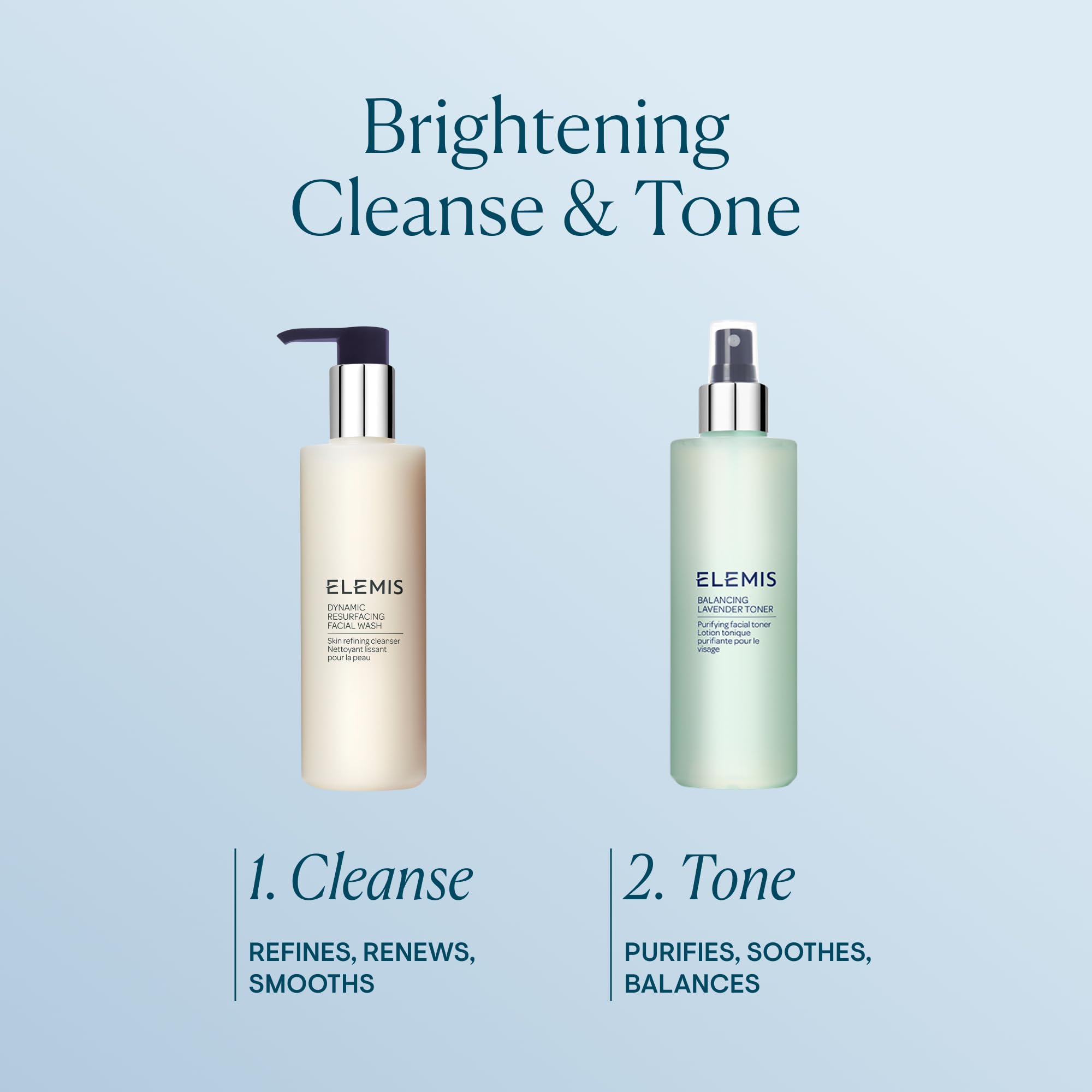 ELEMIS bottle held in hand to show 6.7 fl oz scale and travel-friendly benefit