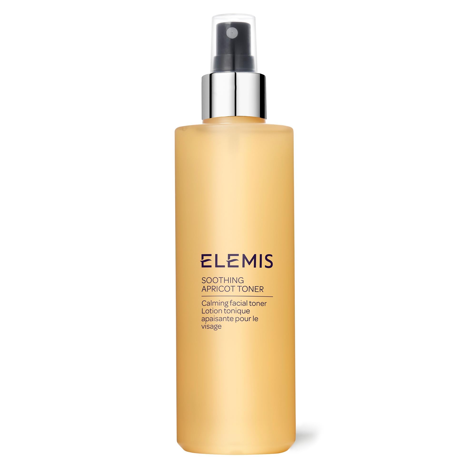 ELEMIS bottle front view showing calming apricot toner and immediate refresh benefit