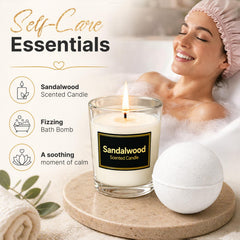 Eletorot sandalwood candle detail showing label and calming aroma benefit