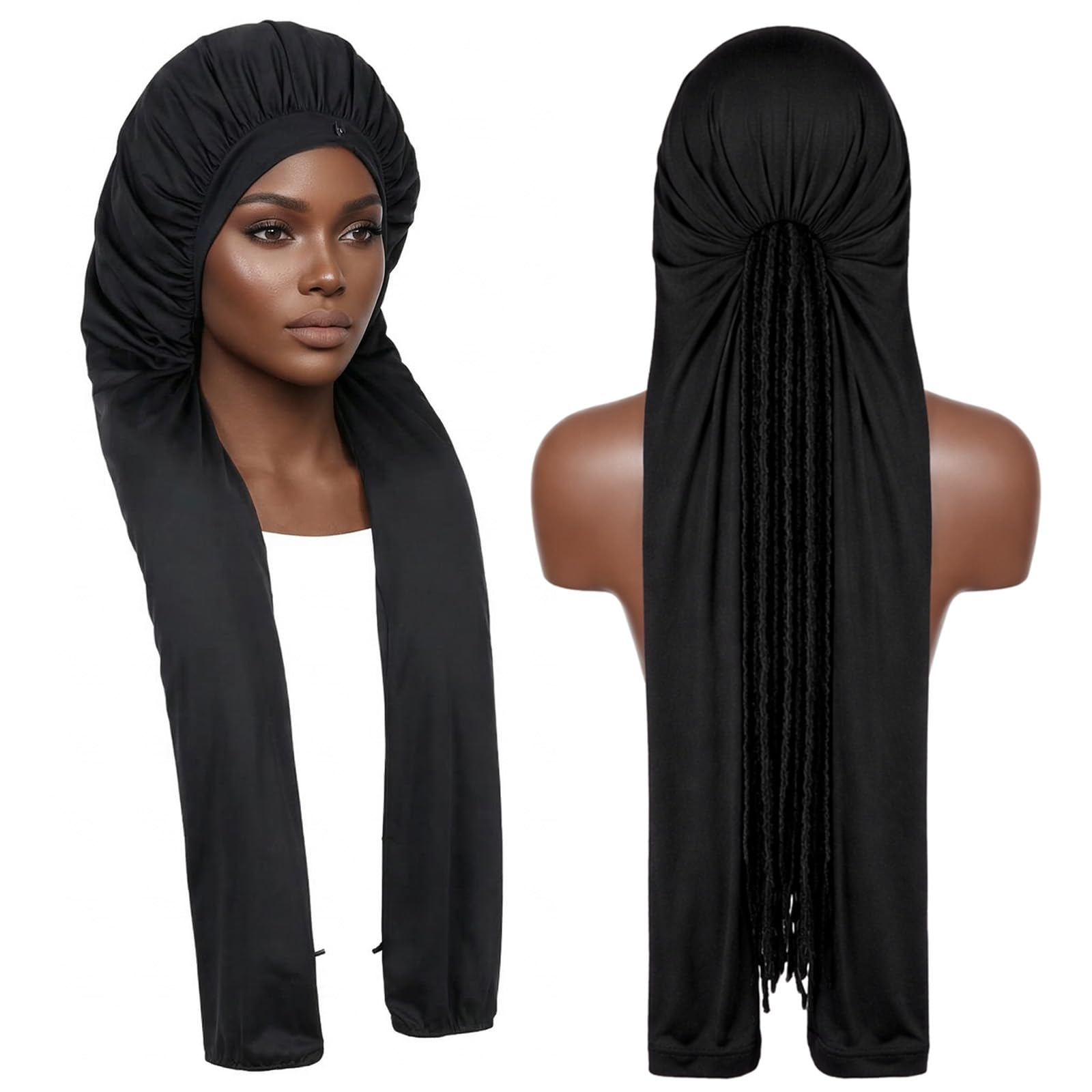 ElevateTech bonnet containing long braids demonstrating bulk capacity