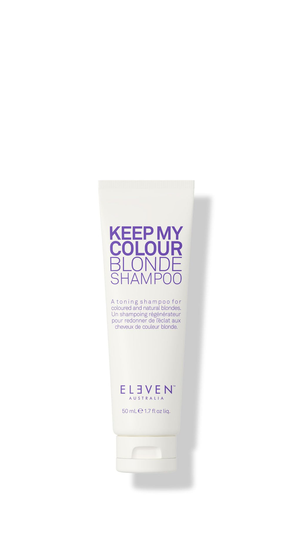 ELEVEN AUSTRALIA front bottle view showing compact purple-toning shampoo for brassiness