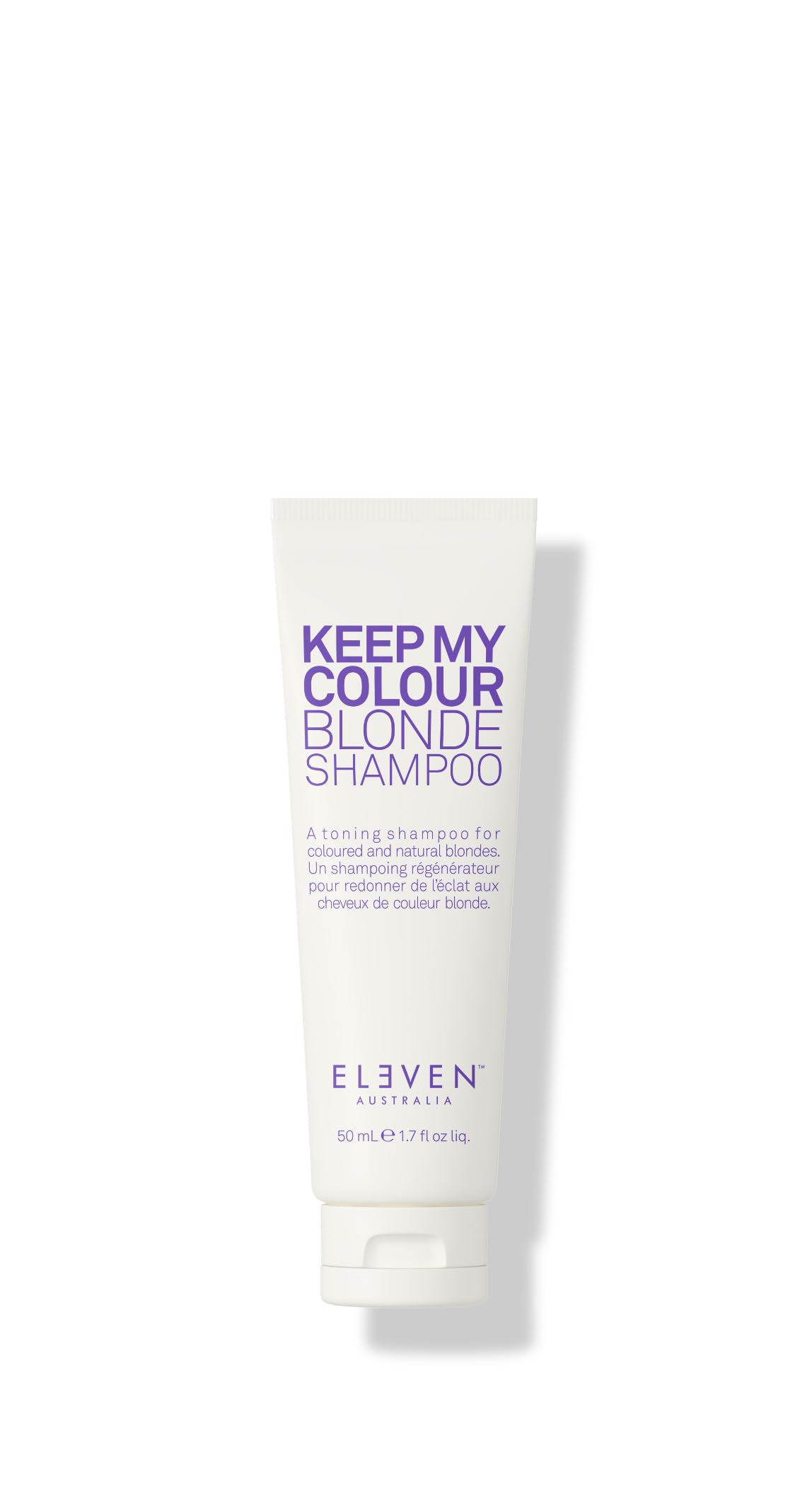 ELEVEN AUSTRALIA front bottle view showing compact purple-toning shampoo for brassiness
