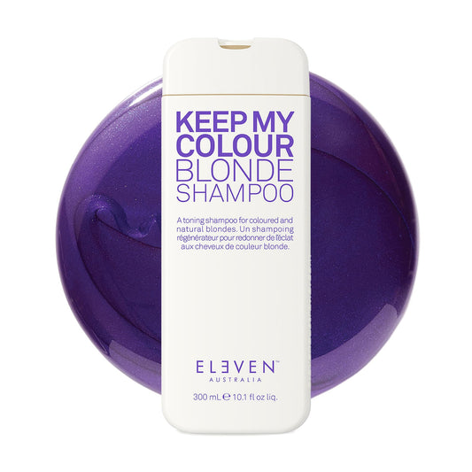 ELEVEN AUSTRALIA front bottle showing purple-toning shampoo for bright blonde