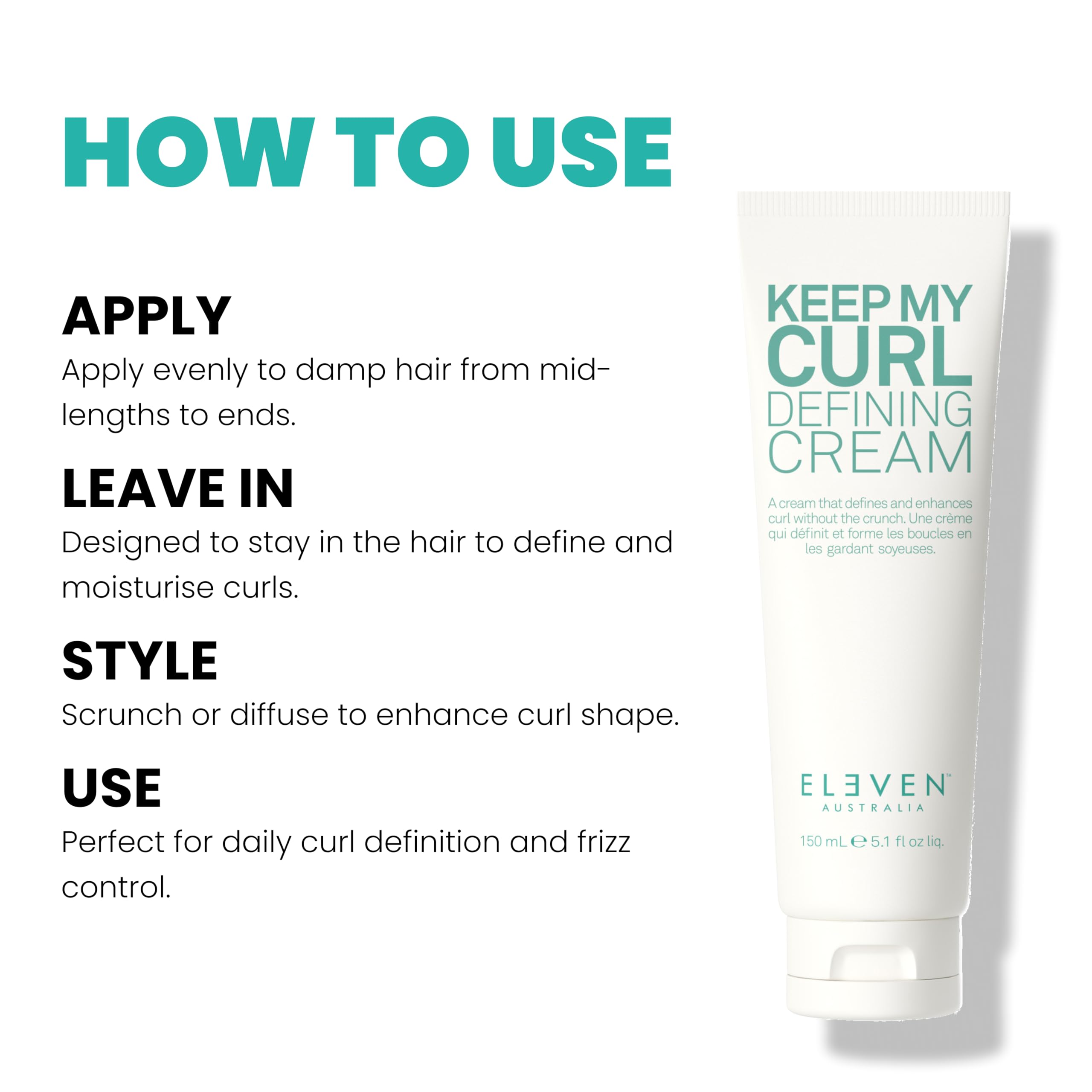 ELEVEN AUSTRALIA diffuser styling with cream, illustrates enhanced curl volume and faster drying