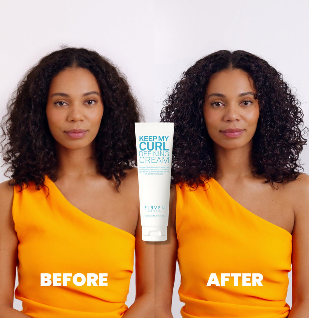 ELEVEN AUSTRALIA product being scrunched into wavy hair, demonstrates defined frizz-free waves