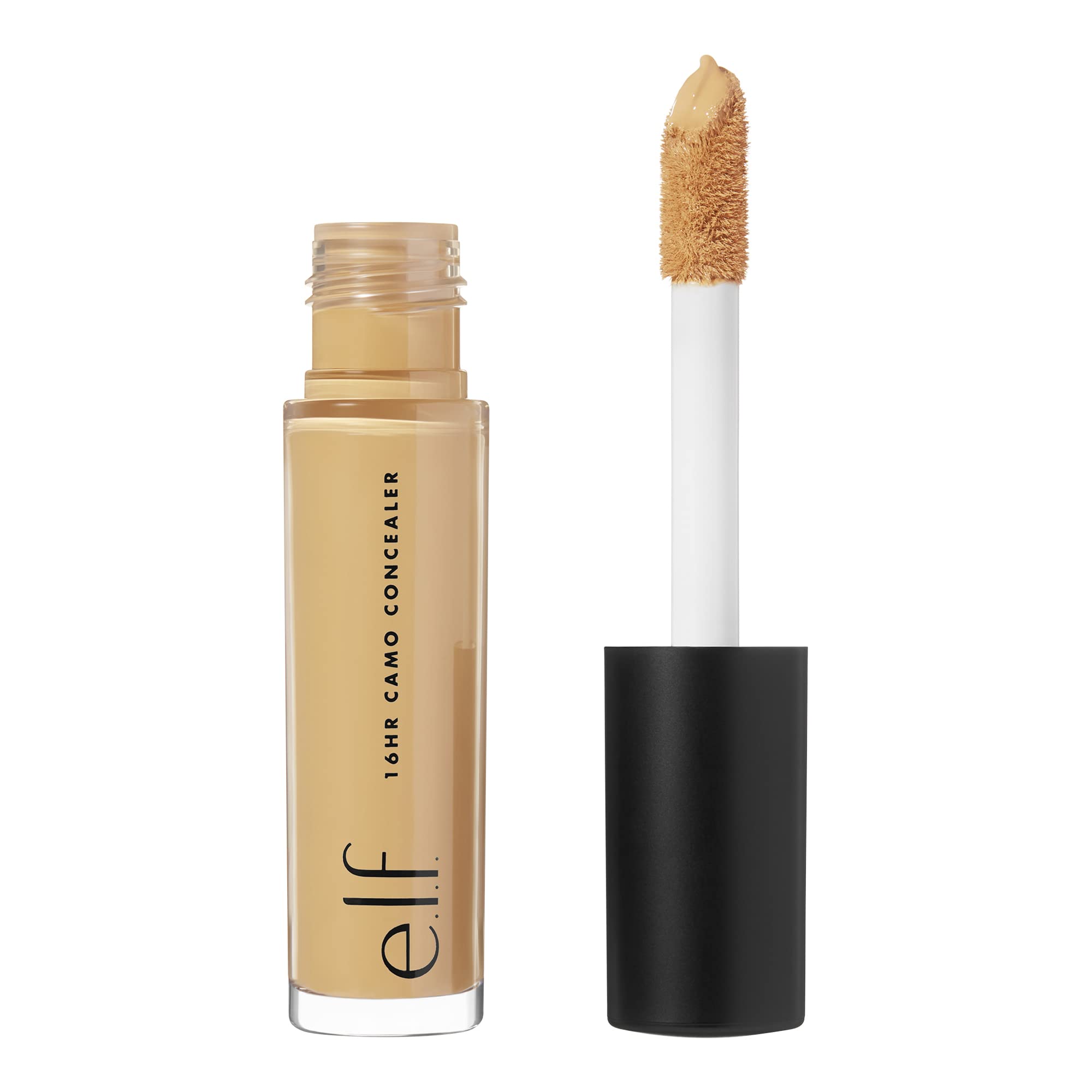e.l.f. concealer front packaging showing shade Deep Caramel and product benefit
