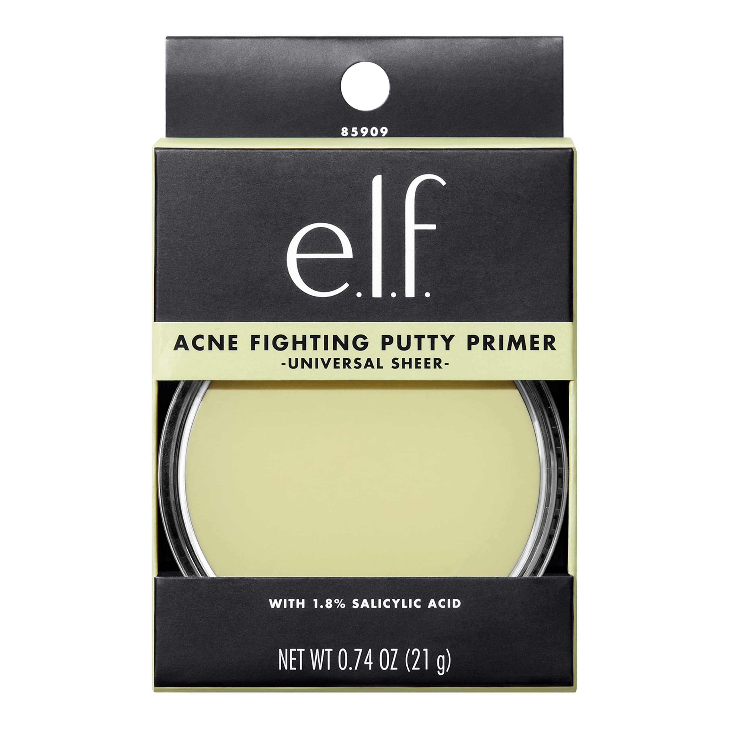 e.l.f. primer label close-up highlighting 1.8% salicylic acid and ingredient callouts