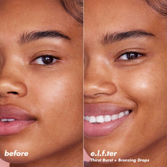 e.l.f. applying drops to cheek for instant glow and natural warmth