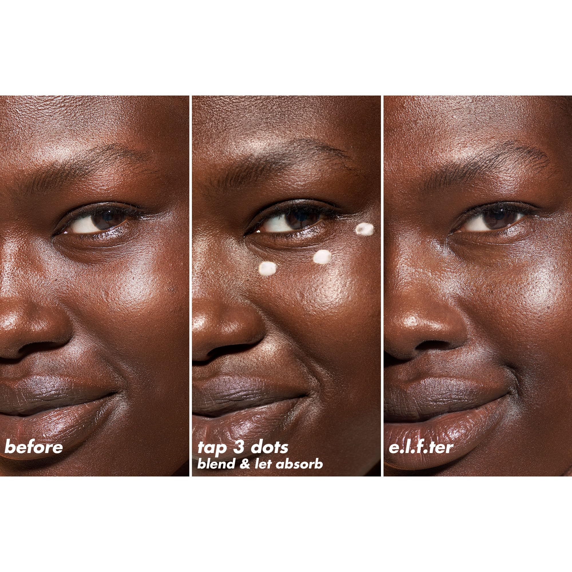 e.l.f. application under eye demonstrating depuffing and makeup-ready benefit