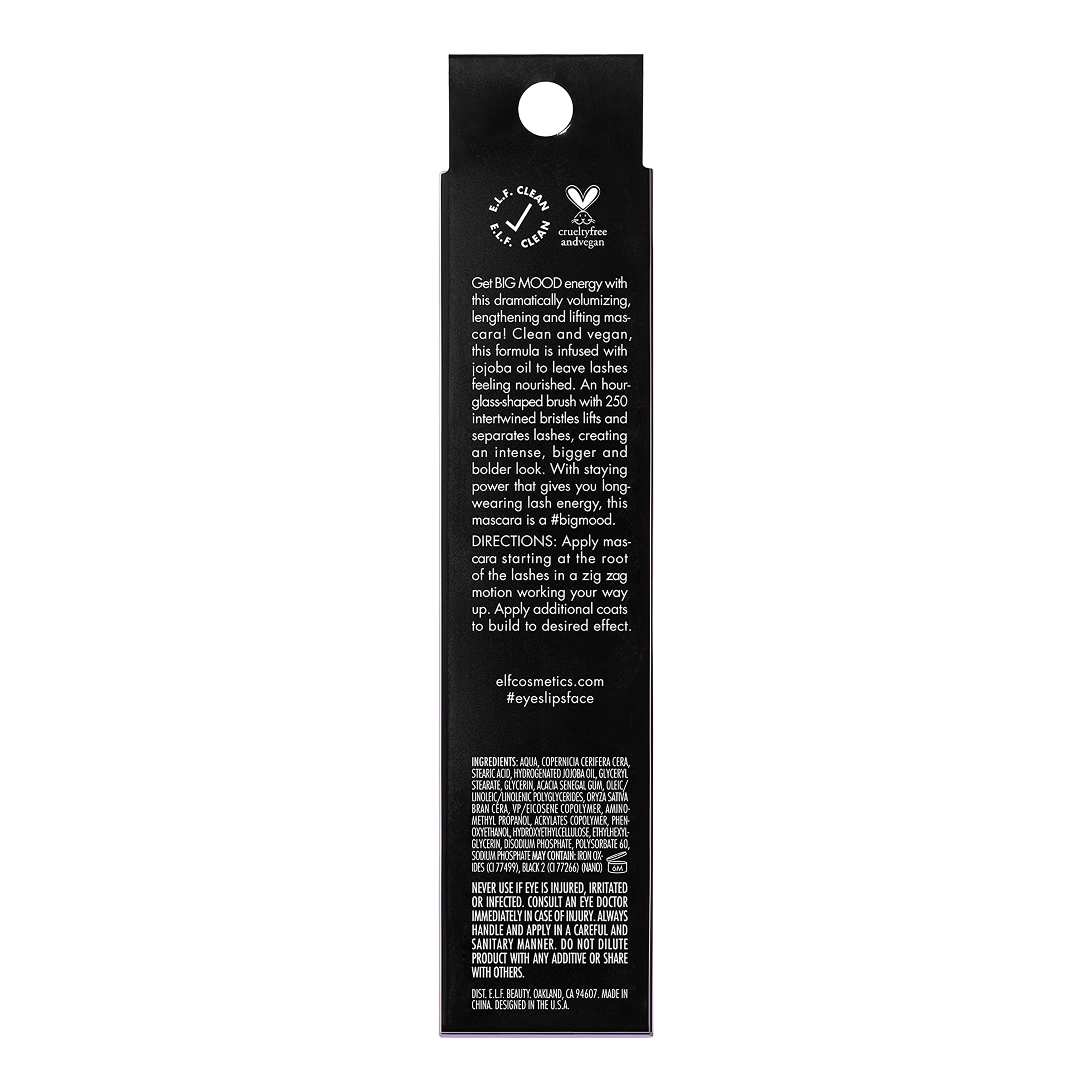 e.l.f. Big Mood Mascara size comparison next to coin benefit: compact 0.30 fl oz travel-friendly