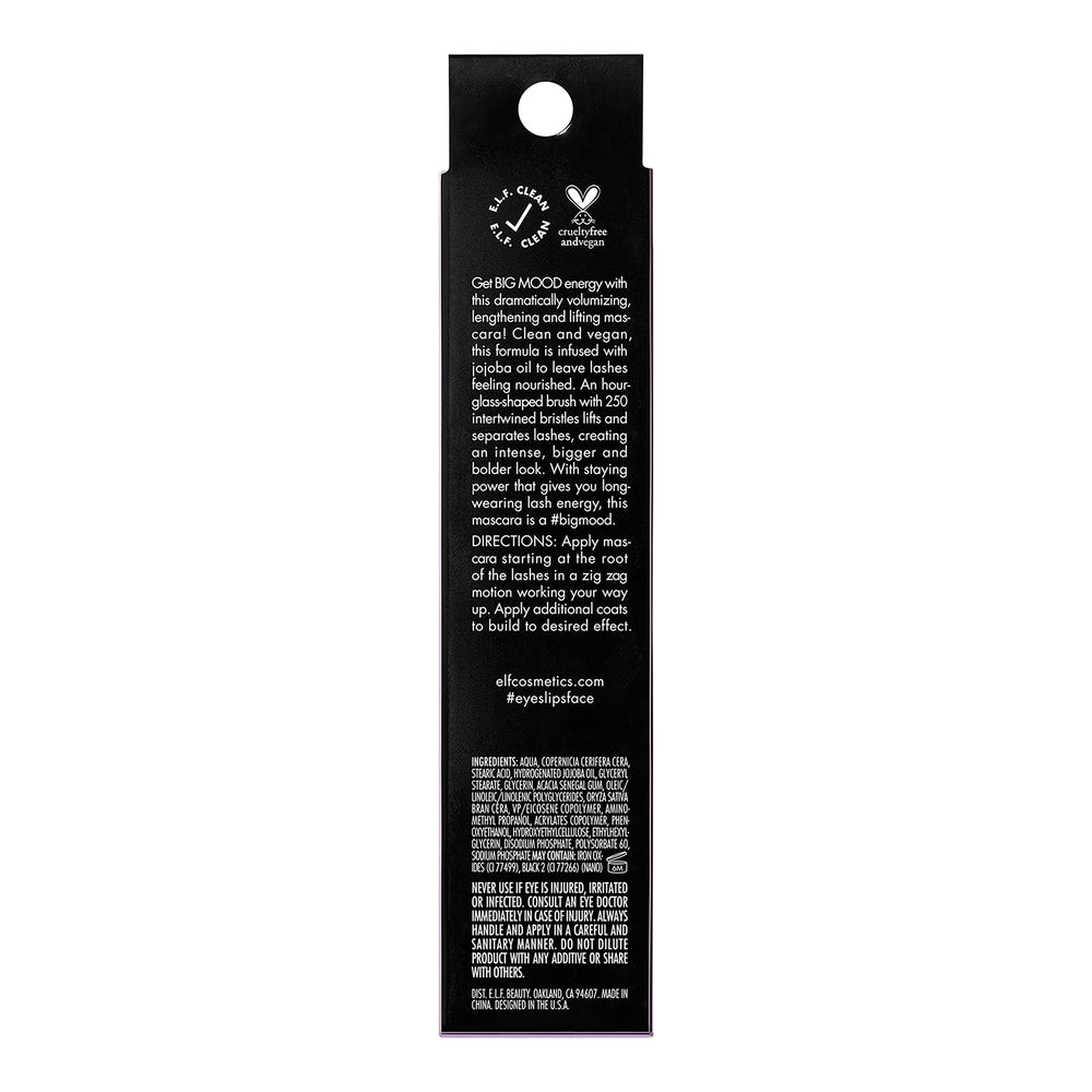 e.l.f. Big Mood Mascara size comparison next to coin benefit: compact 0.30 fl oz travel-friendly
