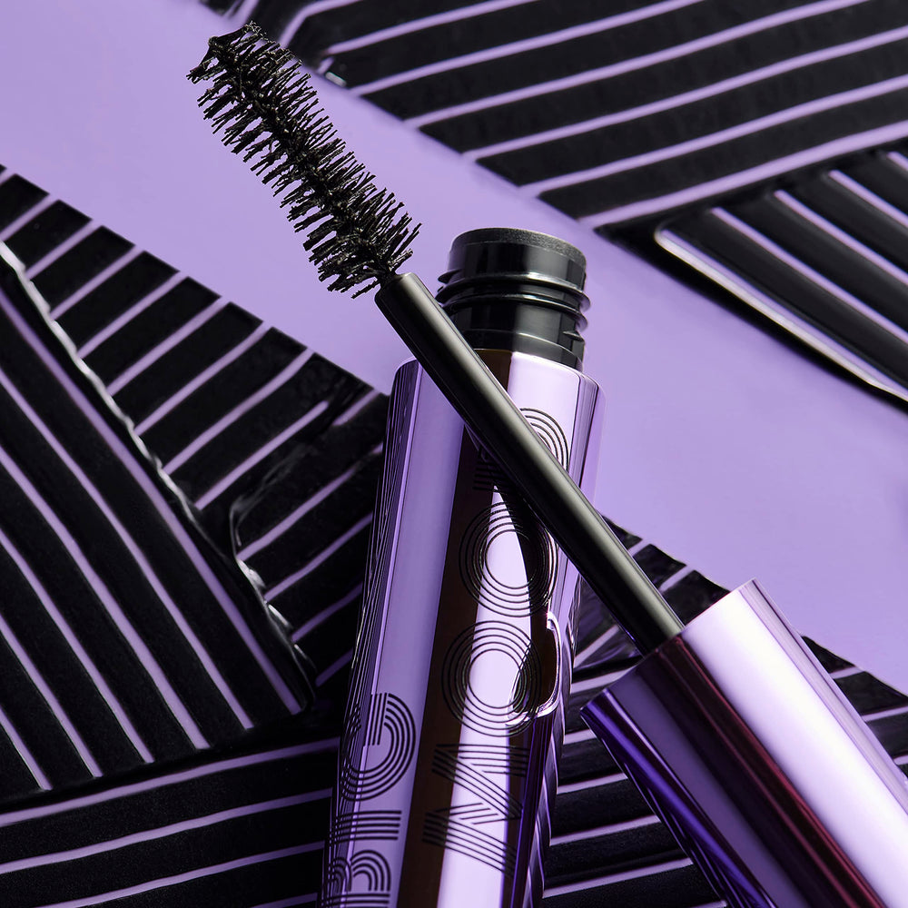 e.l.f. Big Mood Mascara texture swatch on skin showing creamy black formula benefit: smooth buildable coverage