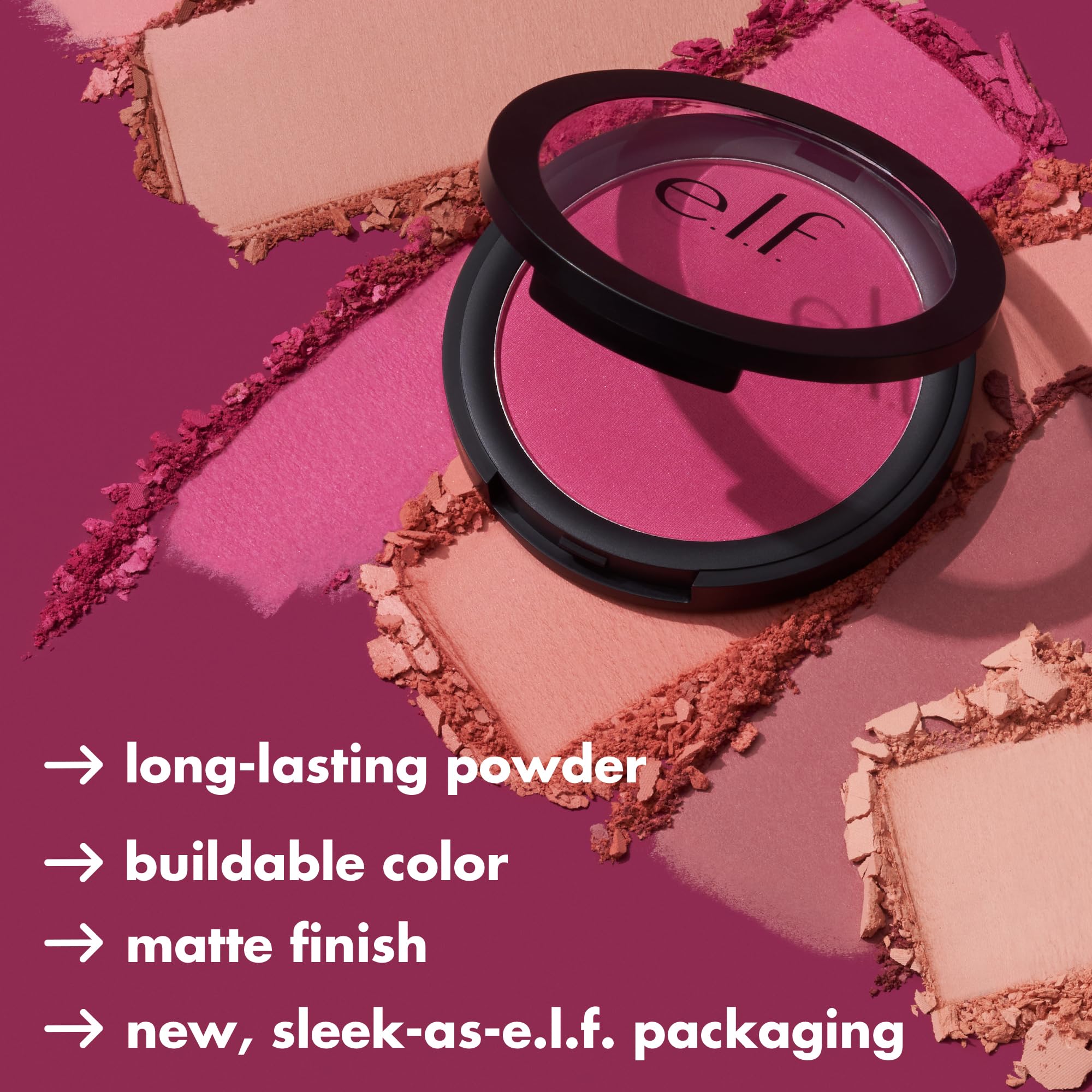 e.l.f. model wearing blush demonstrating natural matte finish benefit