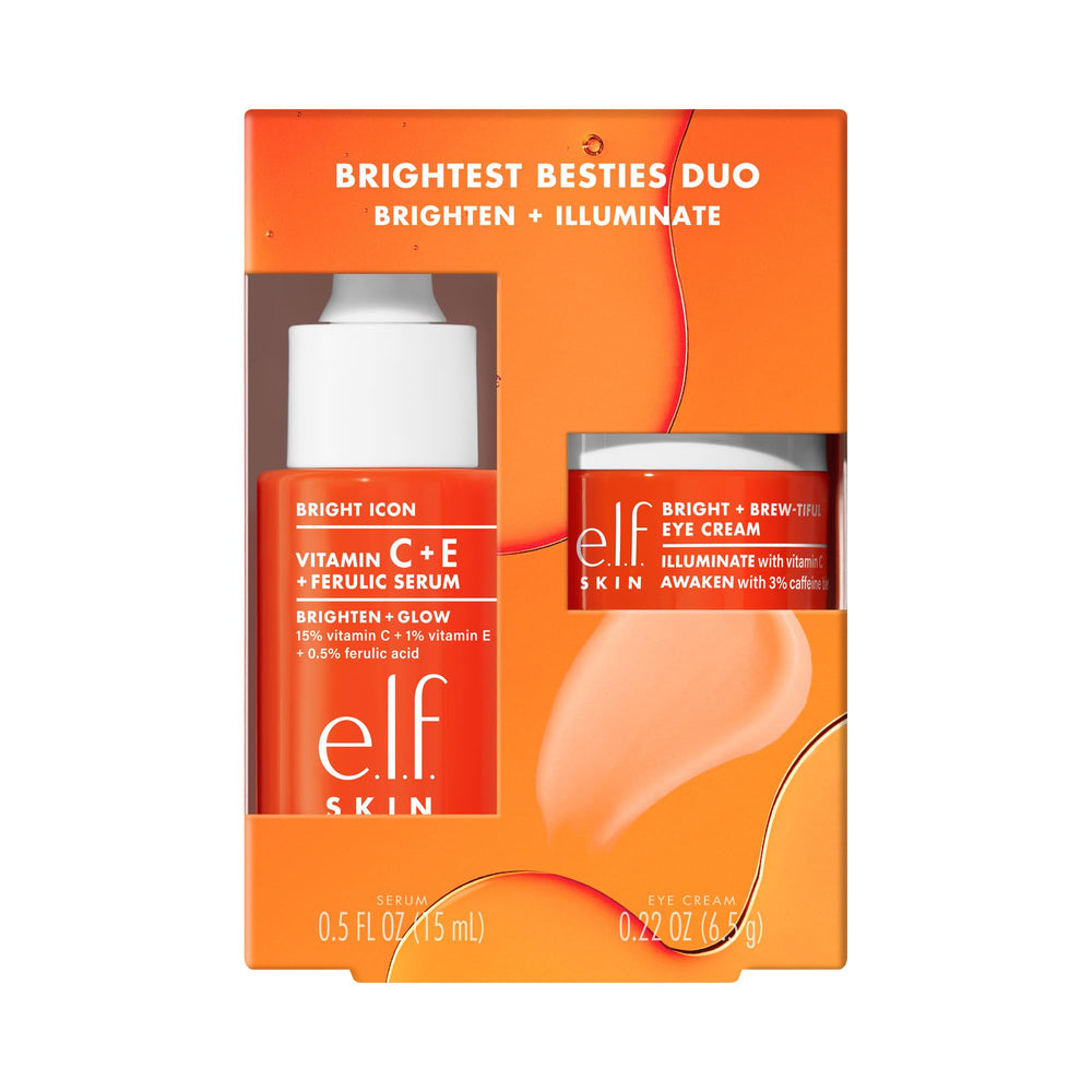 e.l.f. front packaging of Brightest Besties Duo shows travel-sized brightening set benefit portability