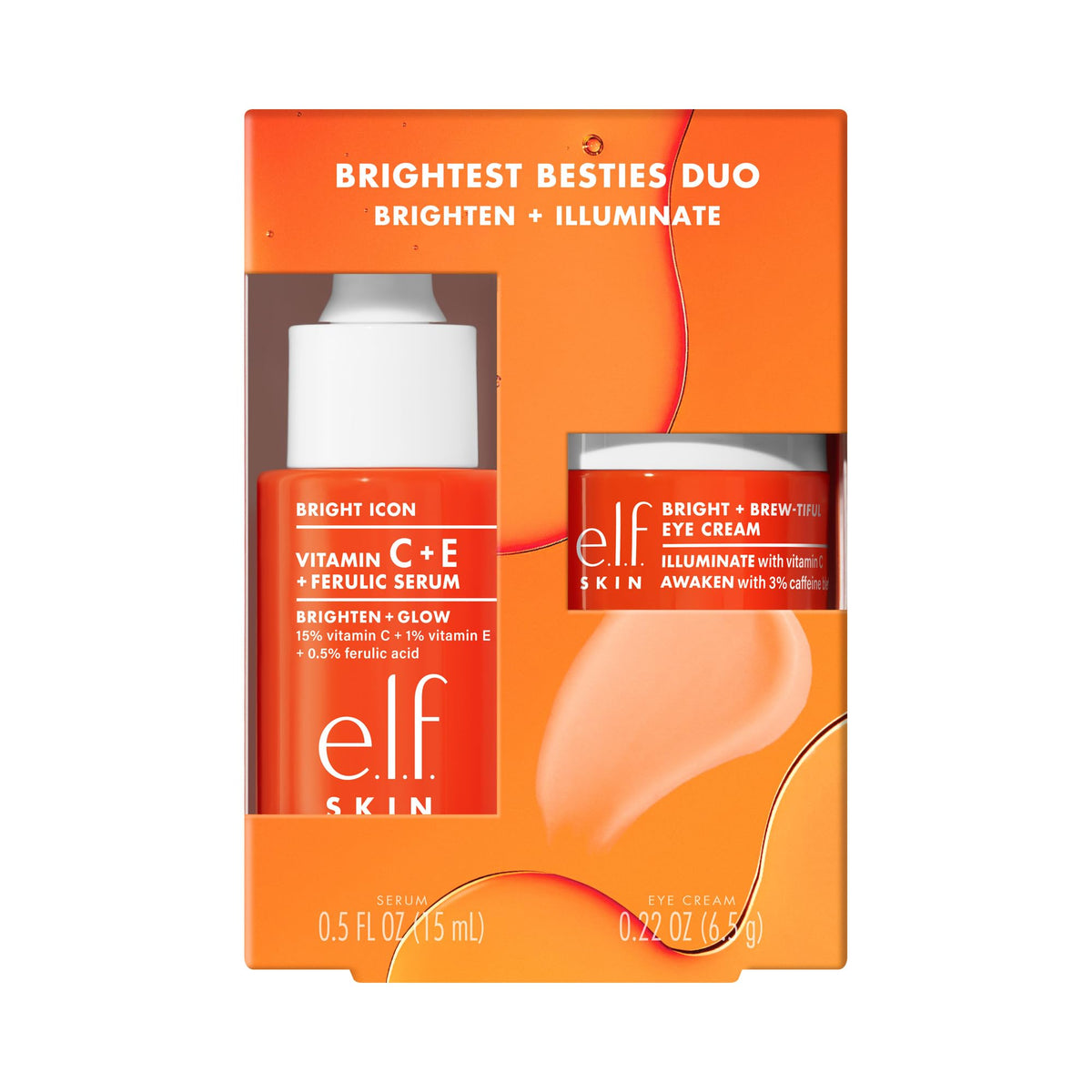 e.l.f. front packaging of Brightest Besties Duo shows travel-sized brightening set benefit portability