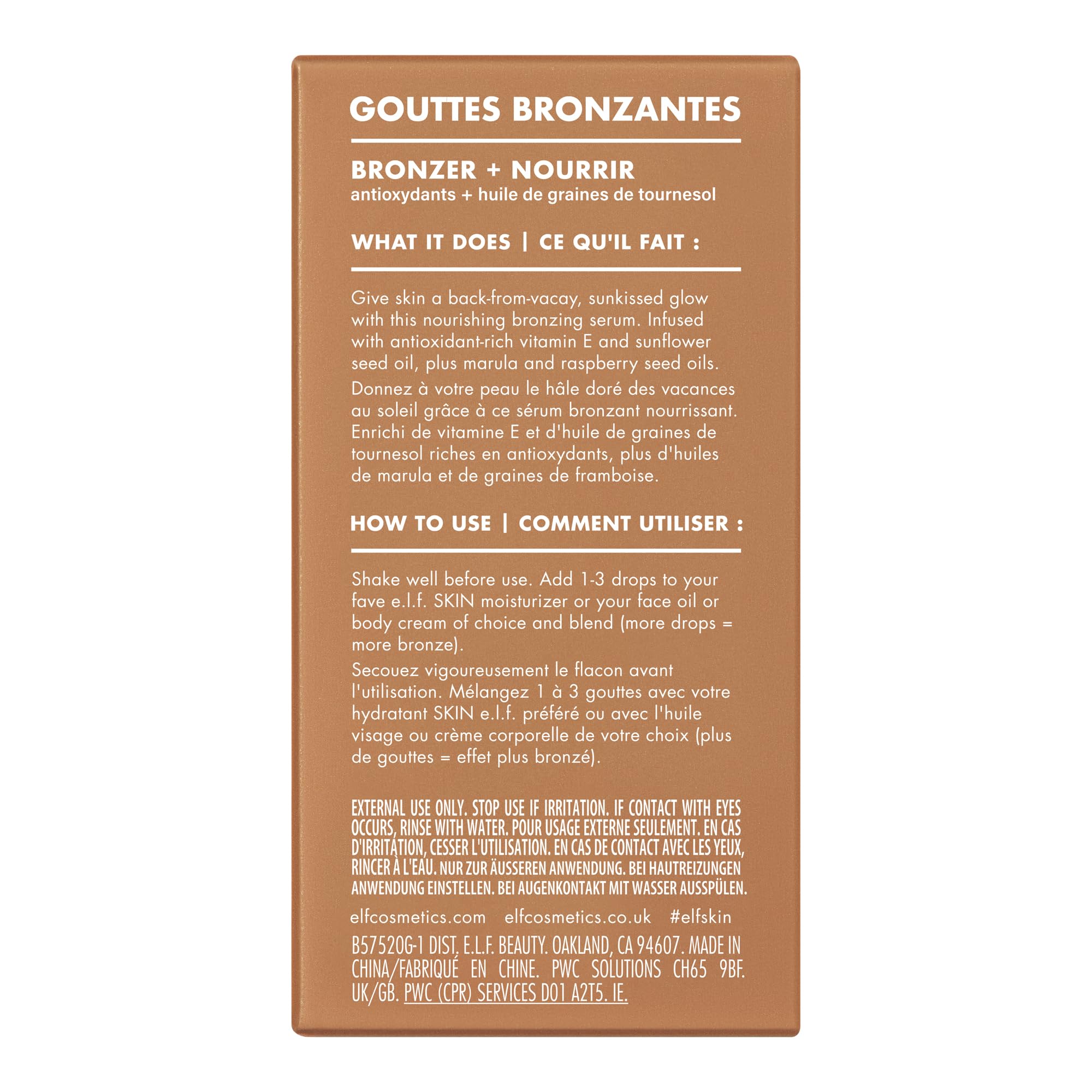 e.l.f. bronzing drops scale and ingredients label displaying nourishing oils