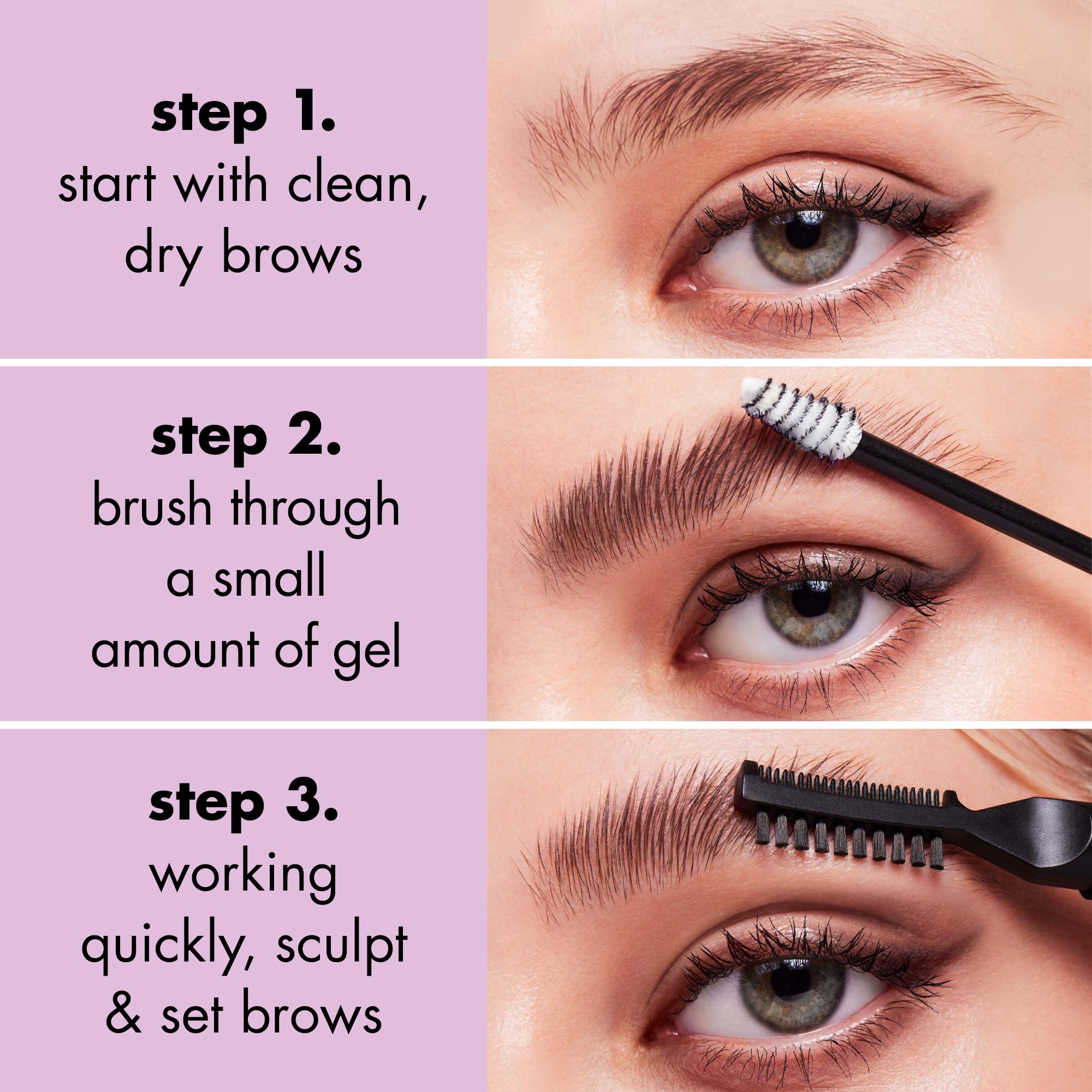 e.l.f. applying gel with spoolie to brows for neat lifted shape benefit