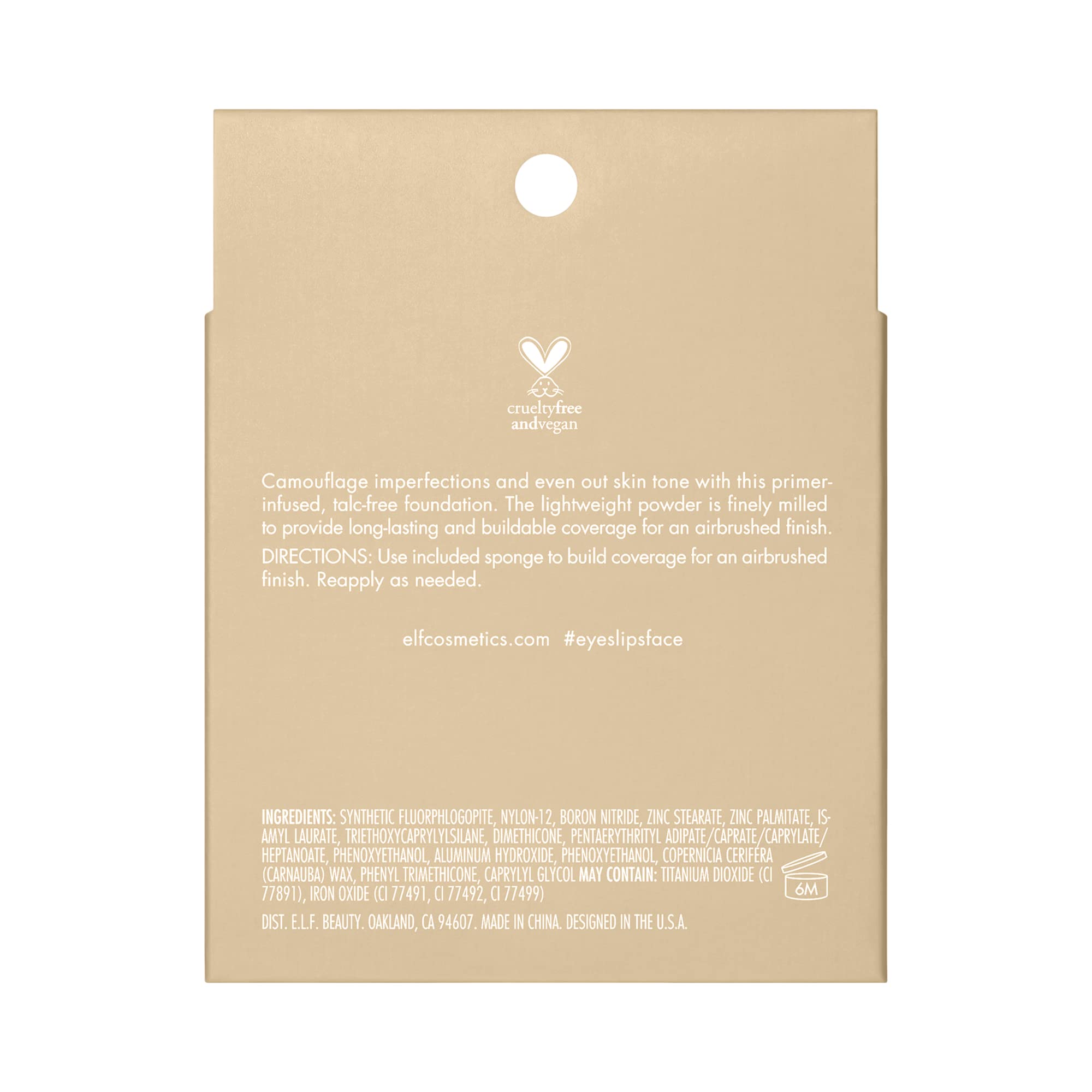 e.l.f. label and ingredient text detail showing talc-free, non-comedogenic benefit