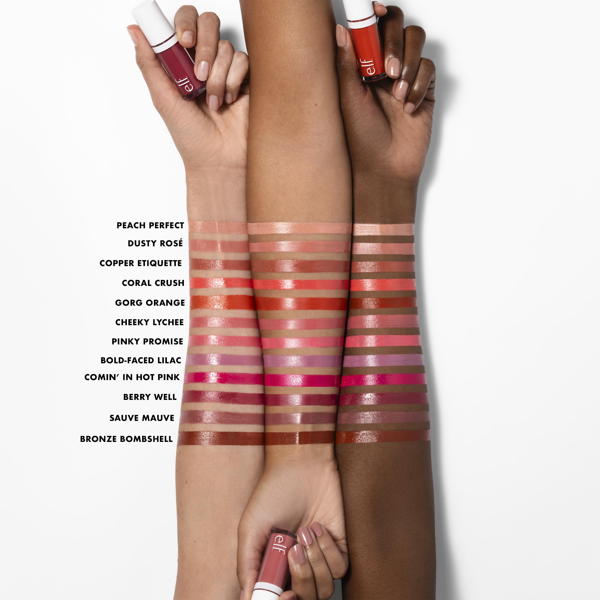 e.l.f. texture swatches on skin showing blendable, dewy pigment payoff