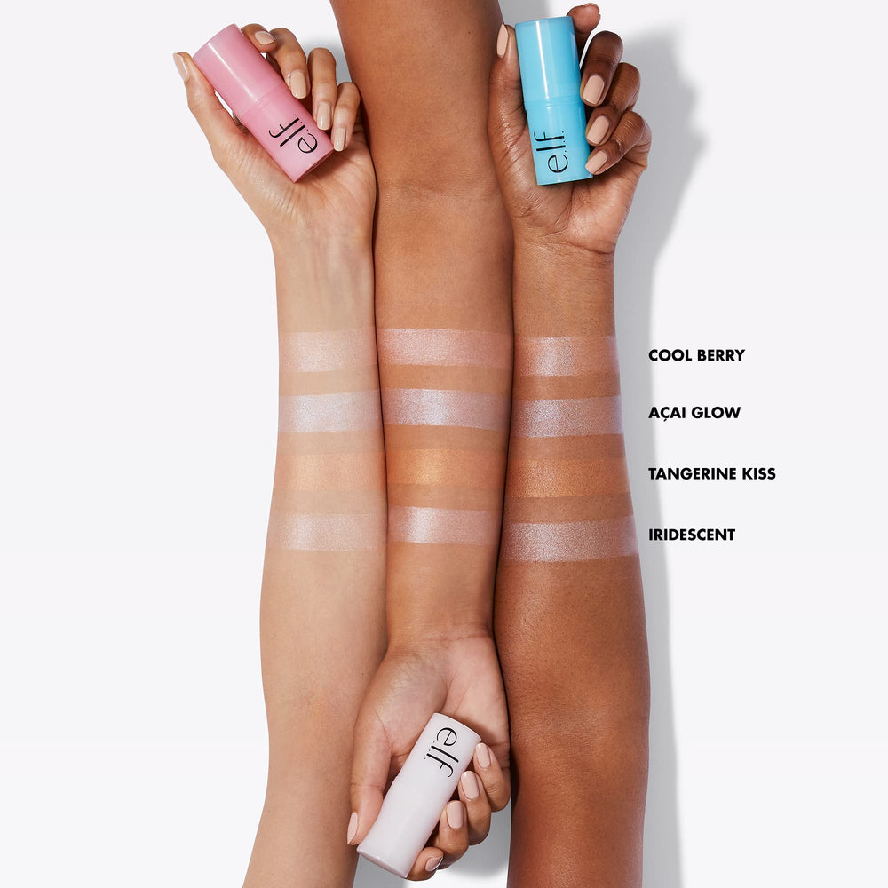 e.l.f. Daily Dew Stick applied on cheekbone demonstrating instant cooling refresh and natural glow