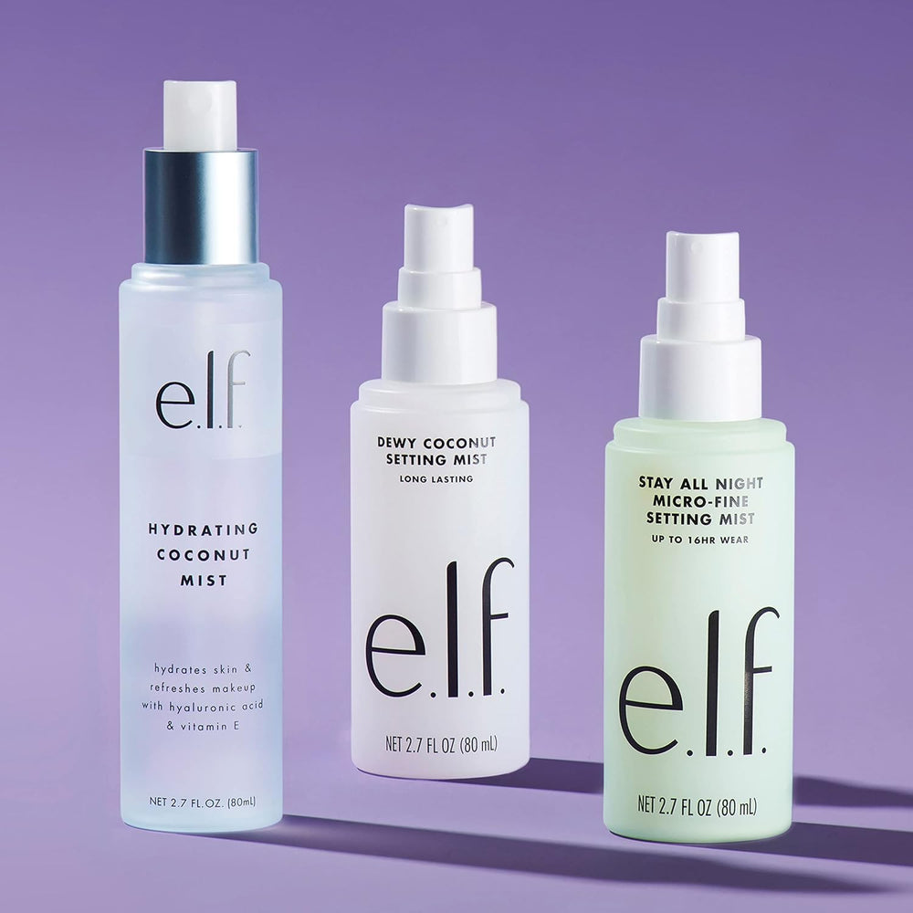 e.l.f. dewy coconut setting mist next to sunglasses to show travel-friendly size