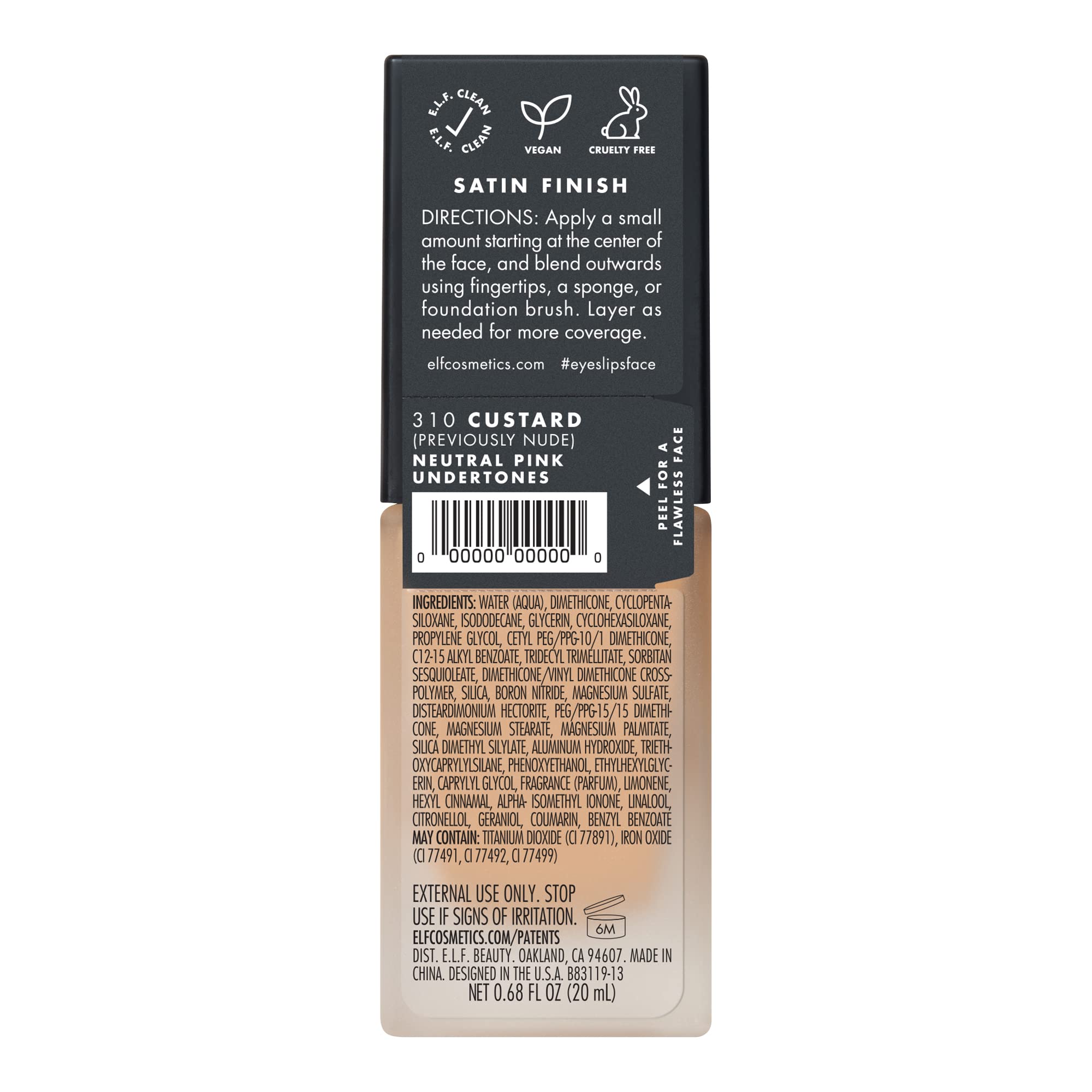 e.l.f. Flawless Finish 0.68 fl oz bottle beside a credit card for scale and travel-friendly size