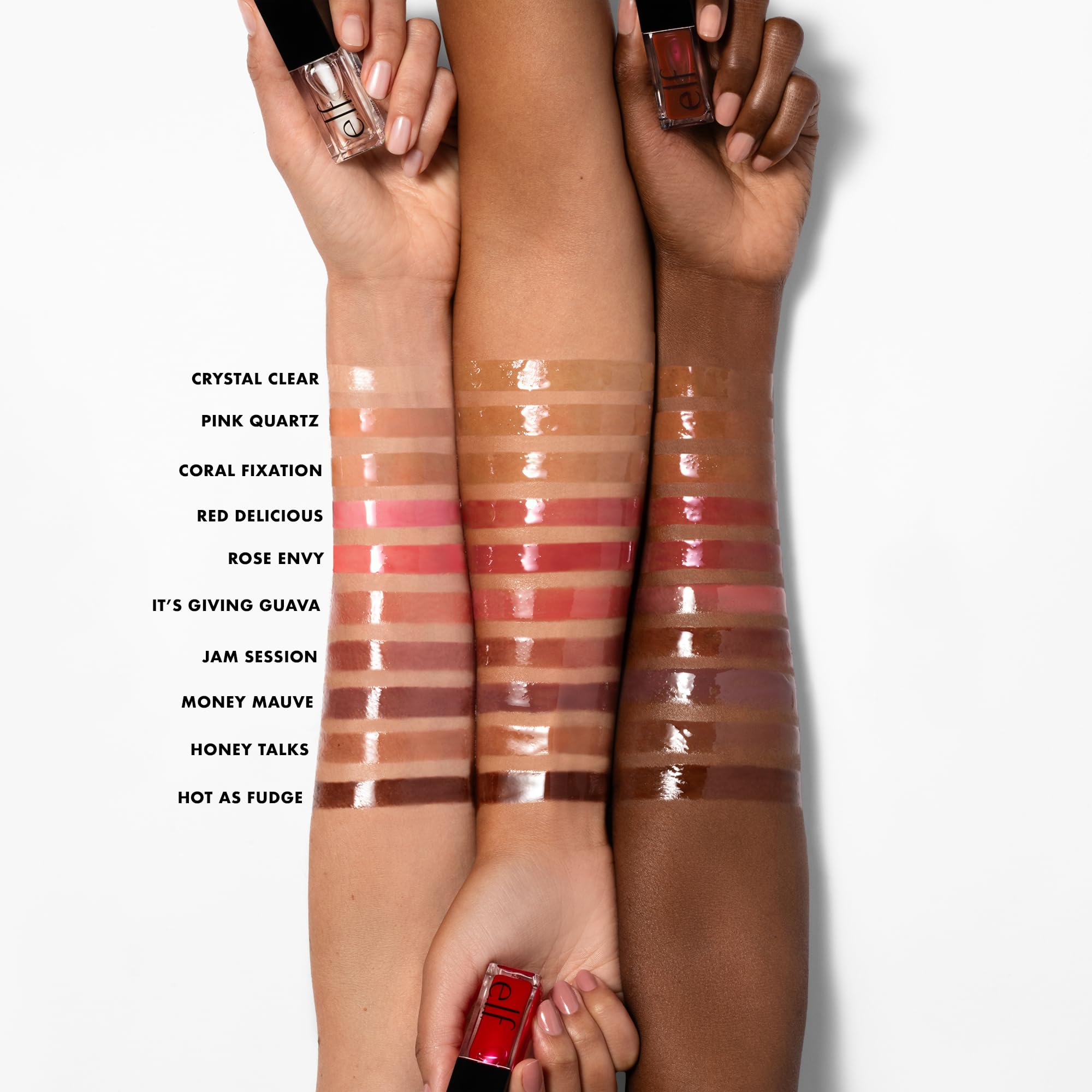 e.l.f. Glow Reviver layered over lipstick in lifestyle shot adds glossy dimension
