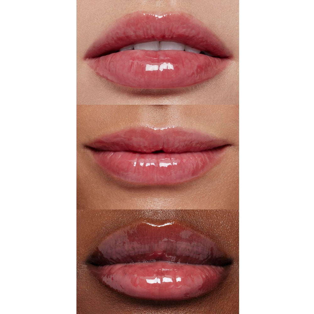 e.l.f. clear texture droplet demonstrating glossy, non-sticky formula and nourishing oil blend