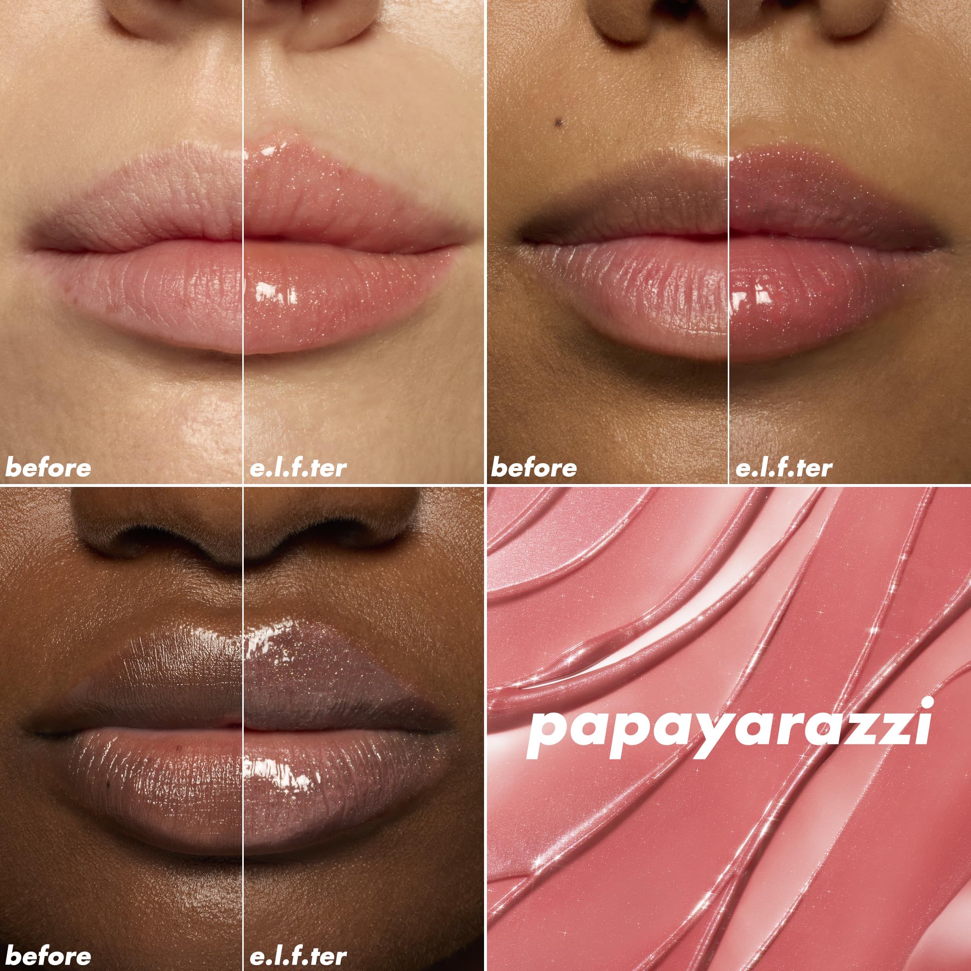 e.l.f. texture on lips showcasing high-shine finish and smooth hydration
