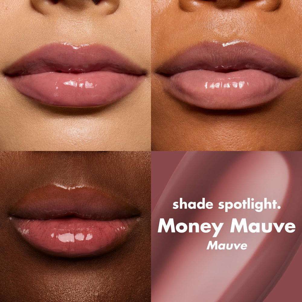 e.l.f. texture swatch of Money Mauve lip oil on arm showing sheer color and hydrating finish