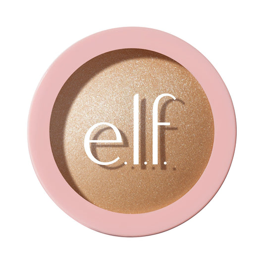 e.l.f. compact front view showing Prosecco Poppin highlighter and sleek packaging benefit: easy storage