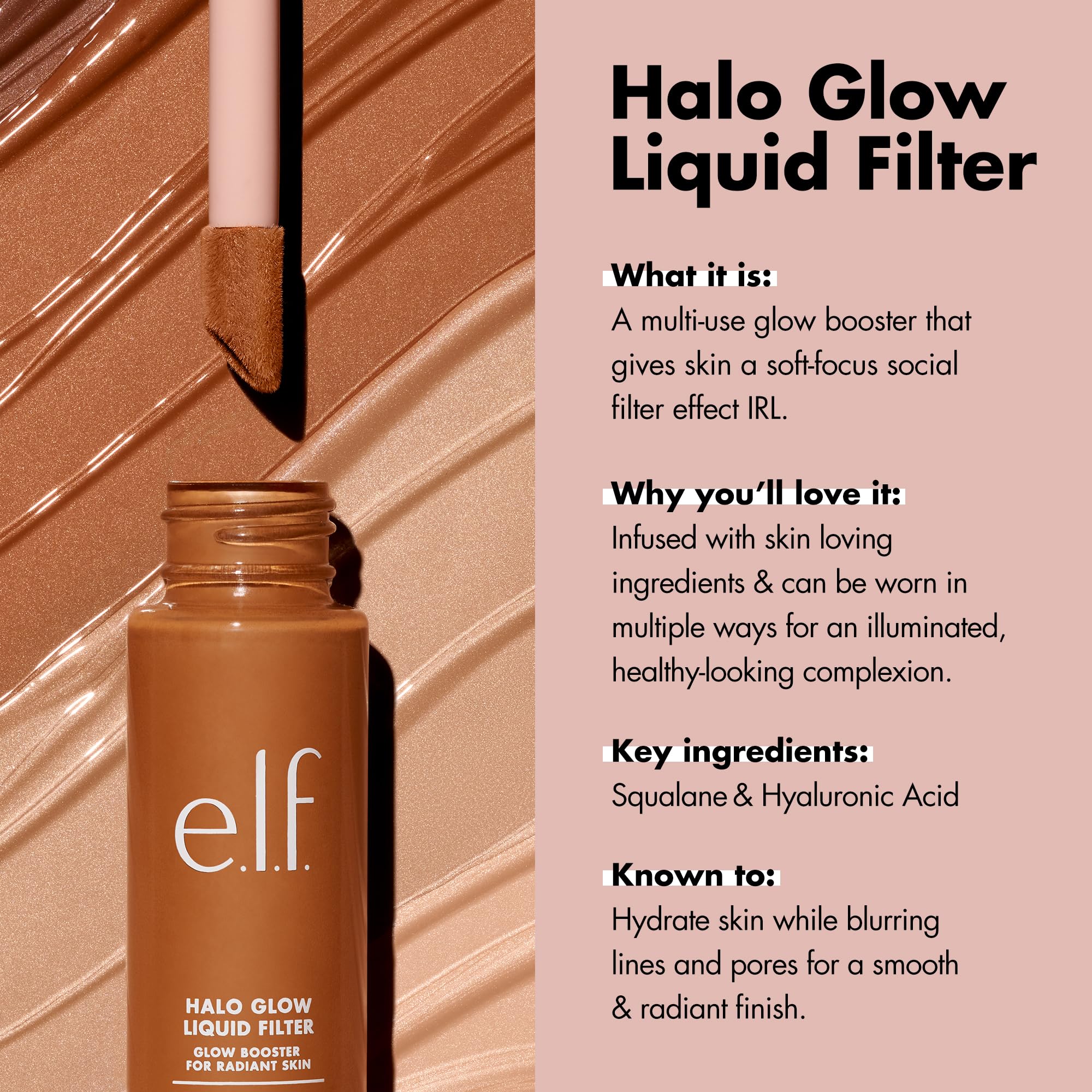 e.l.f. Halo Glow mixed with foundation demonstrating dewy finish and customizable coverage