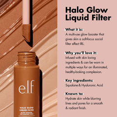 e.l.f. Halo Glow mixed with foundation demonstrating dewy finish and customizable coverage