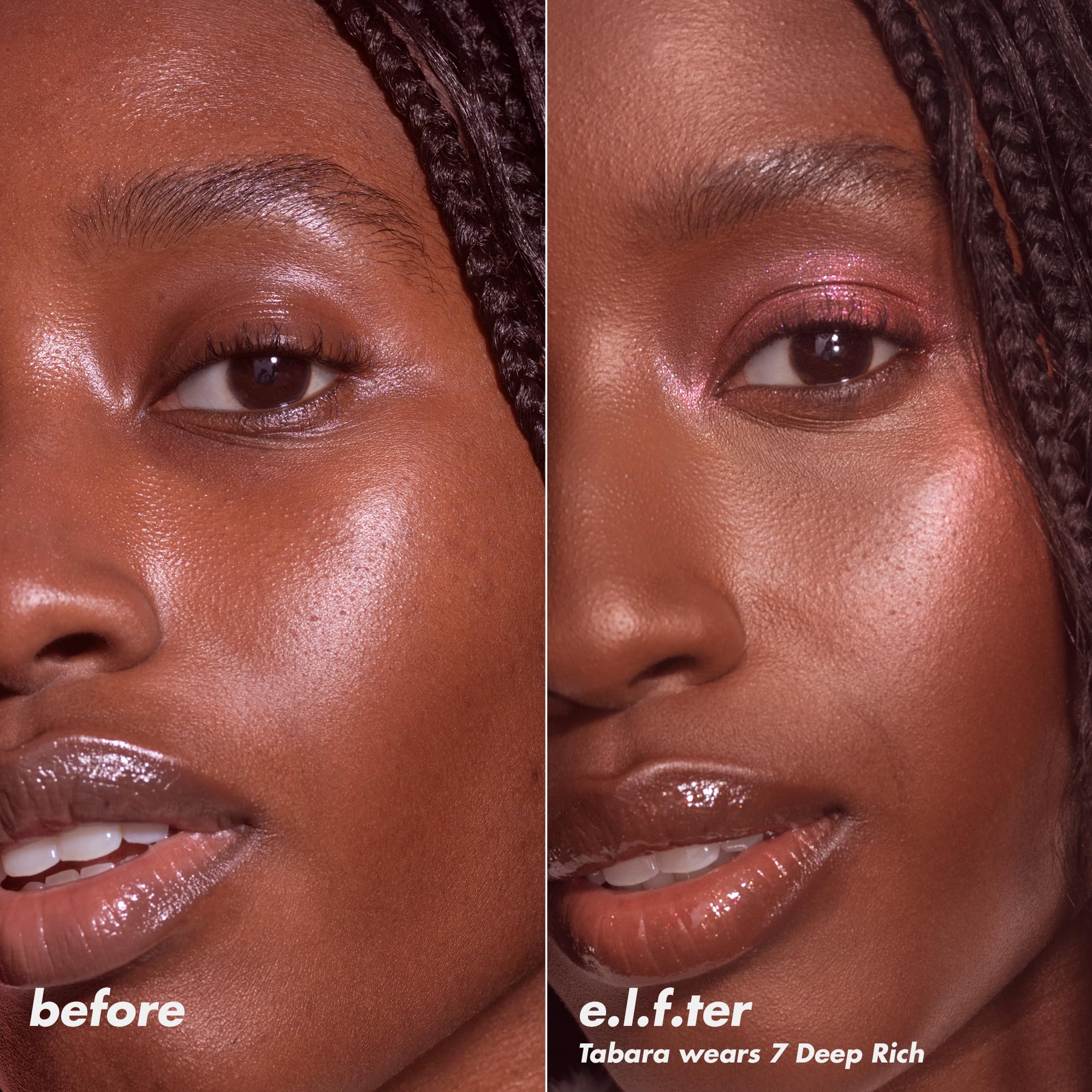 e.l.f. Halo Glow on model under natural light demonstrating soft-focus glow benefit