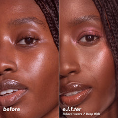 e.l.f. Halo Glow on model under natural light demonstrating soft-focus glow benefit
