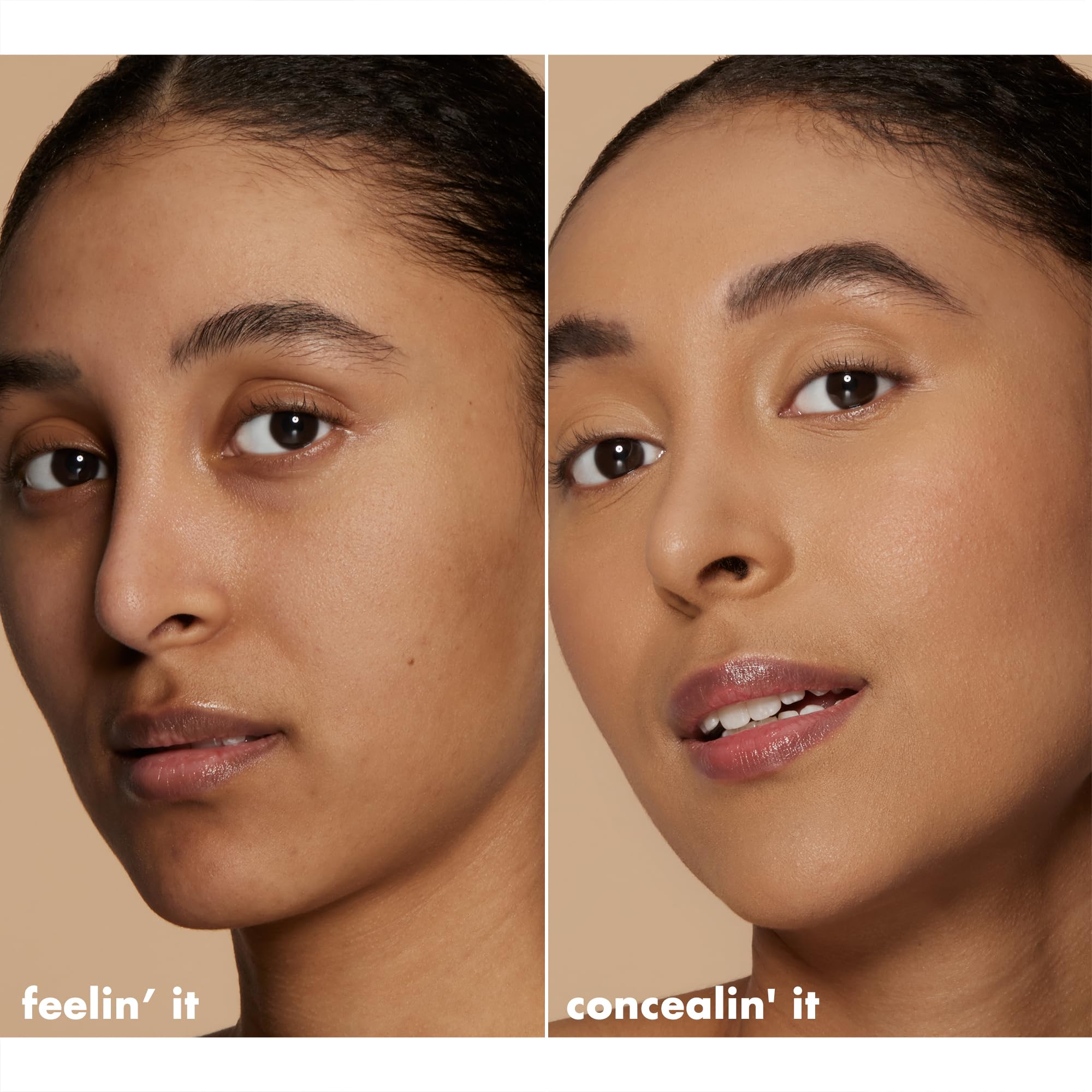 e.l.f. before and after under-eye showing reduced darkness and natural satin effect
