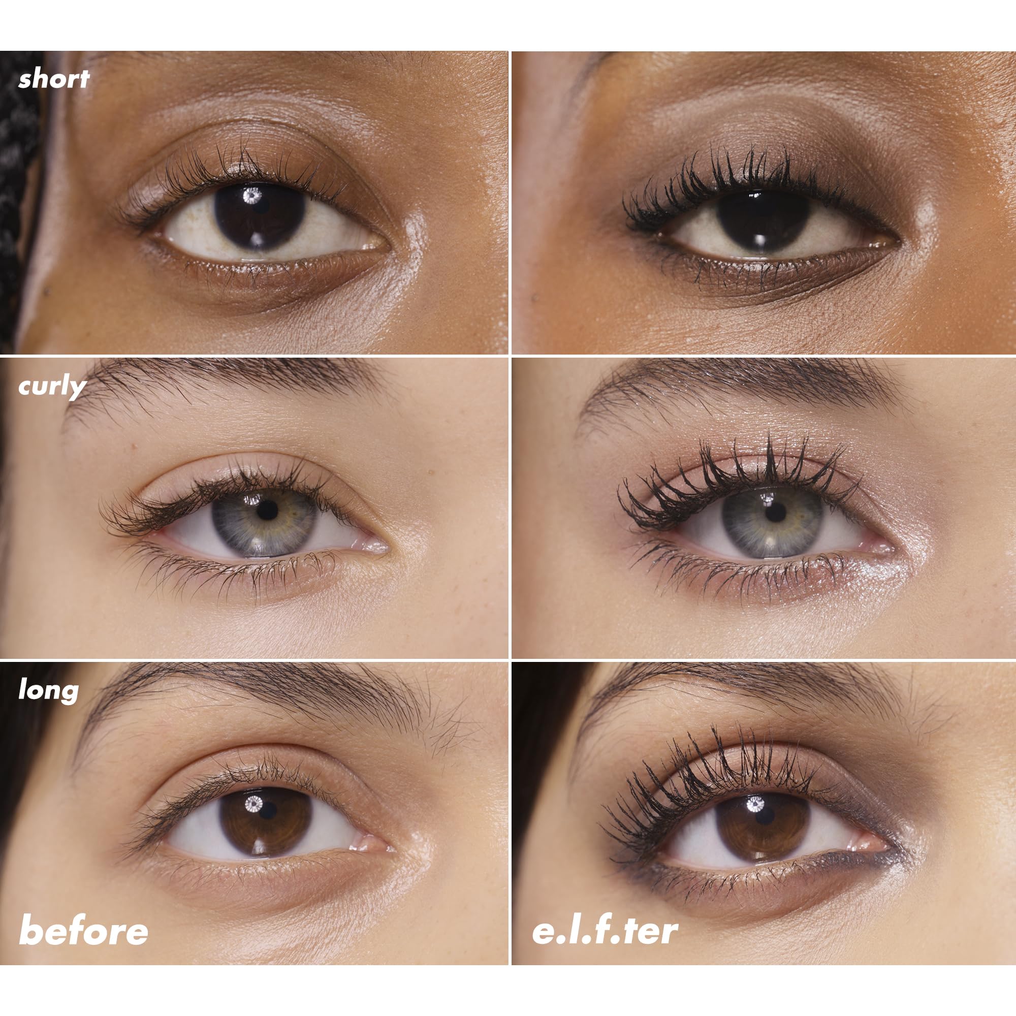 e.l.f. before and after lashes demonstrating buildable volume and visible lift