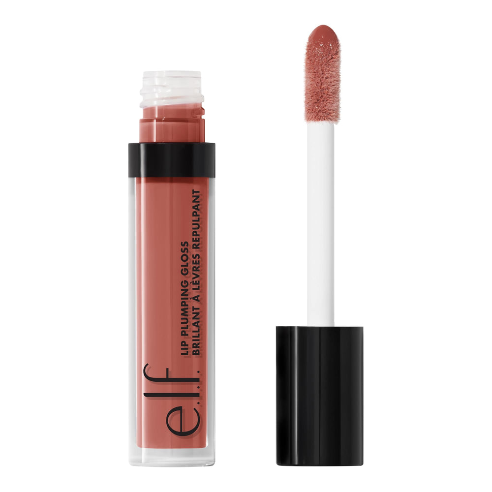 e.l.f. front packaging of lip plumping gloss showing tube and shade Mocha Twist, adds shine