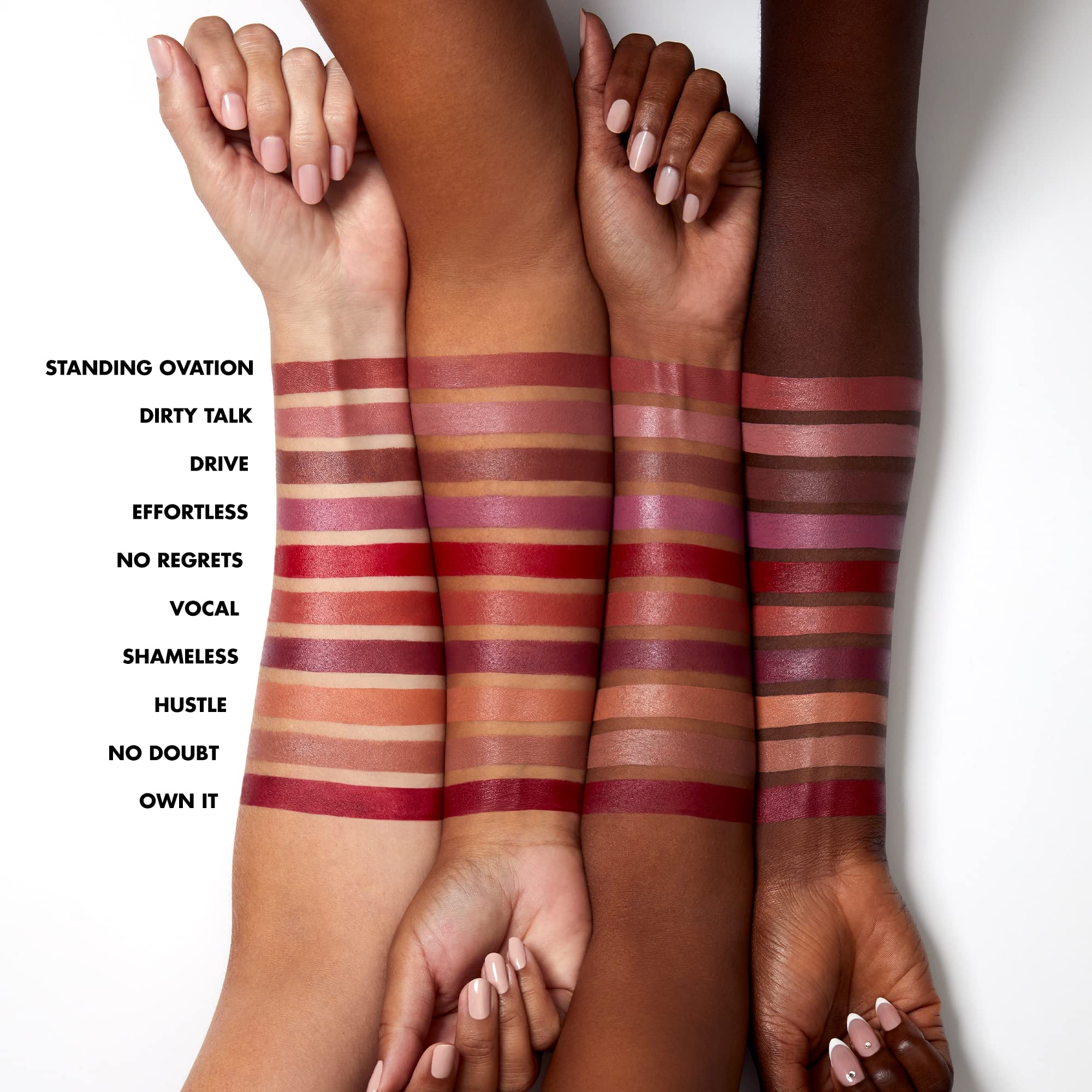 e.l.f. O Face Satin Lipstick swatches on skin showing rich pigment payoff benefit