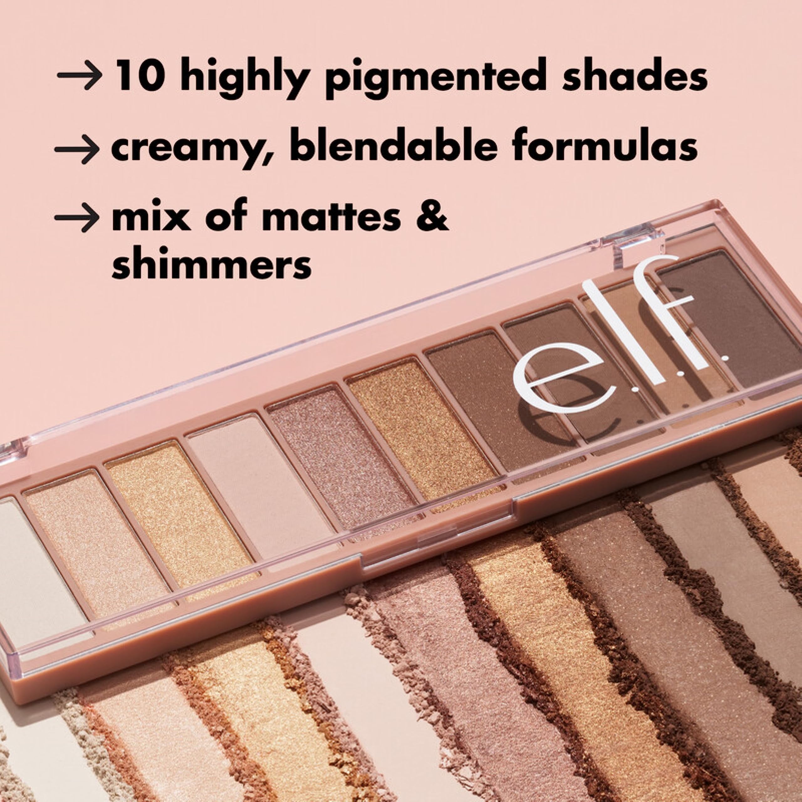 e.l.f. palette next to a brush showing compact travel-friendly size benefit