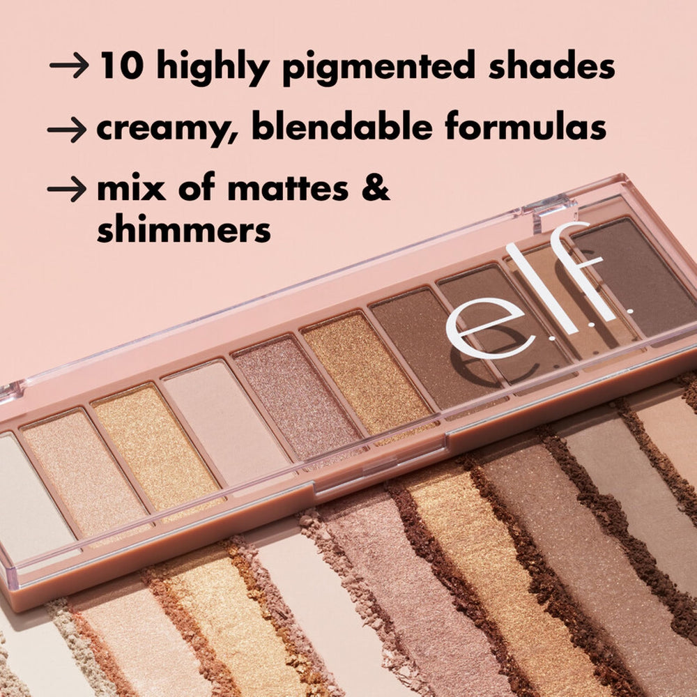 e.l.f. palette next to a brush showing compact travel-friendly size benefit