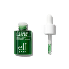 e.l.f. front packaging of PLZ Clarify Facial Oil shows product and benefits