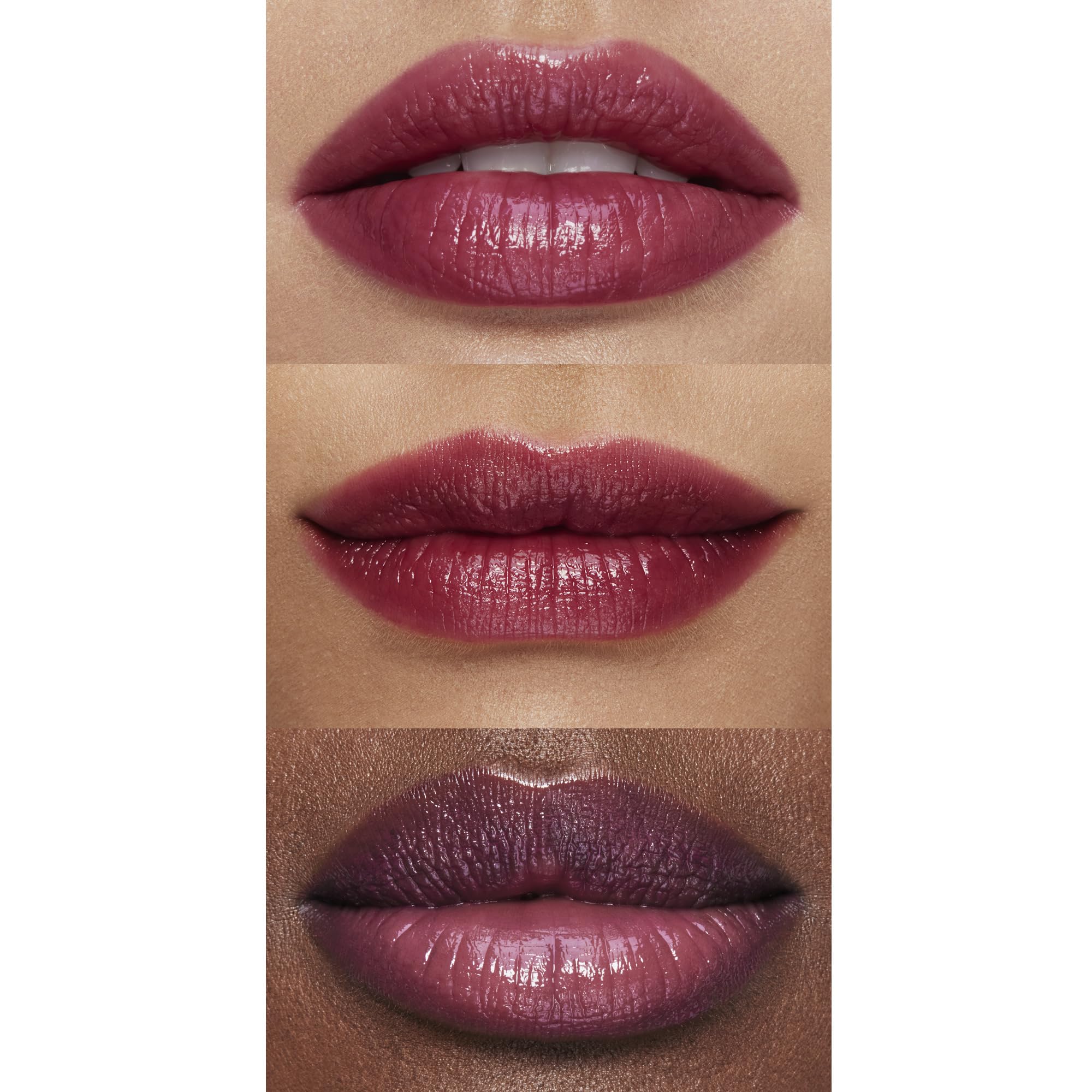 e.l.f. Pout Clout swatched on hand demonstrating sheer plum color and buildable shine