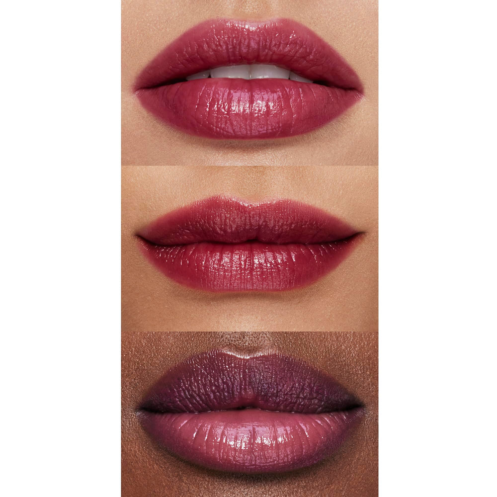 e.l.f. Pout Clout swatched on hand demonstrating sheer plum color and buildable shine