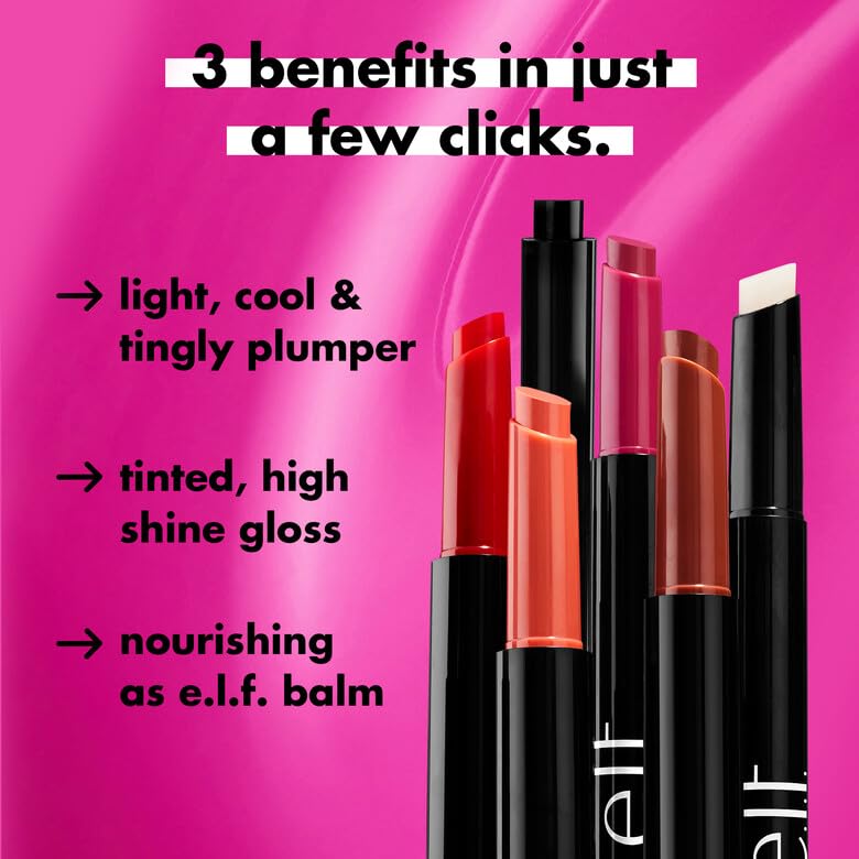 e.l.f. Pout Clout worn on lips demonstrating plumped appearance and sheer color