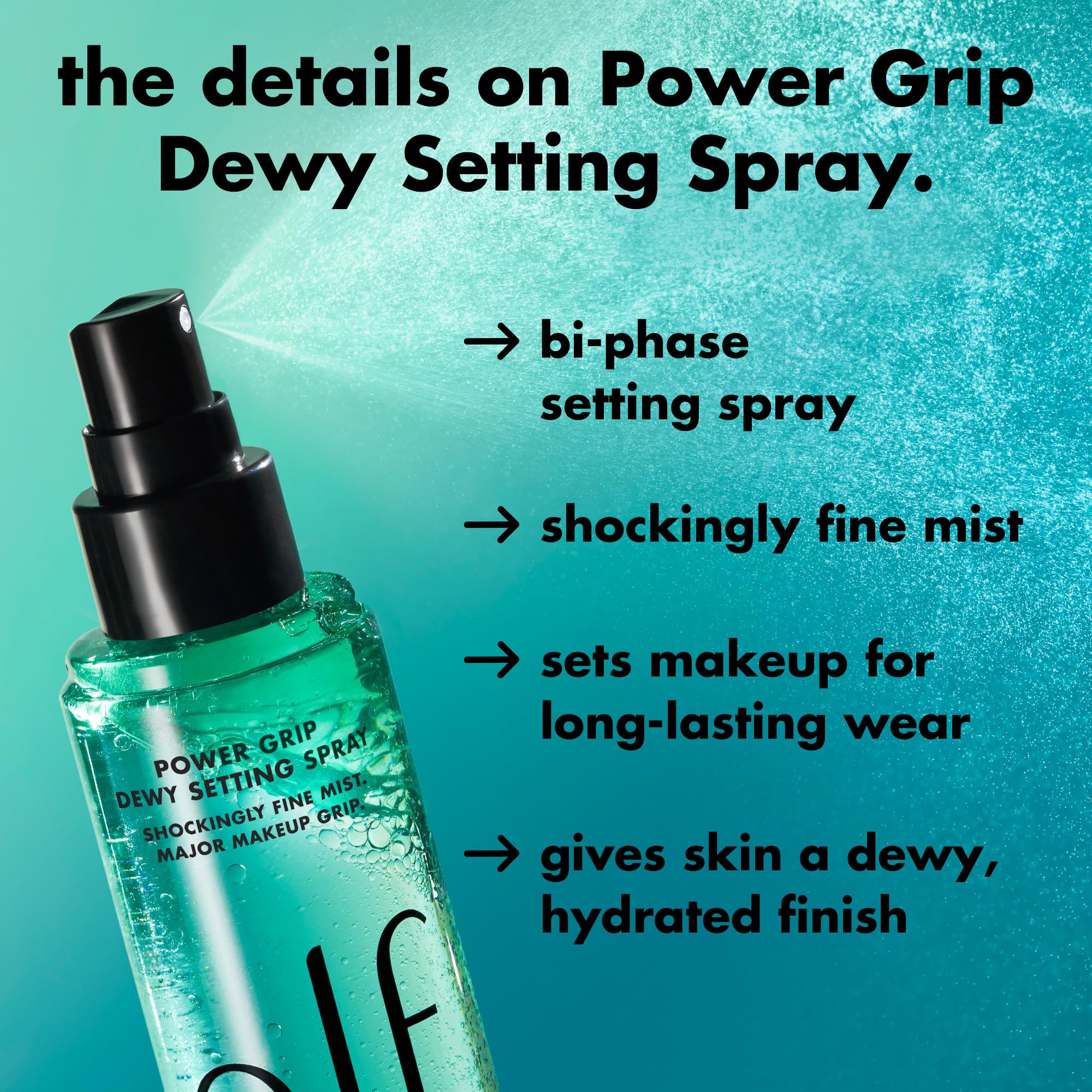 e.l.f. closeup of fine mist droplets landing on skin, shows lightweight finish